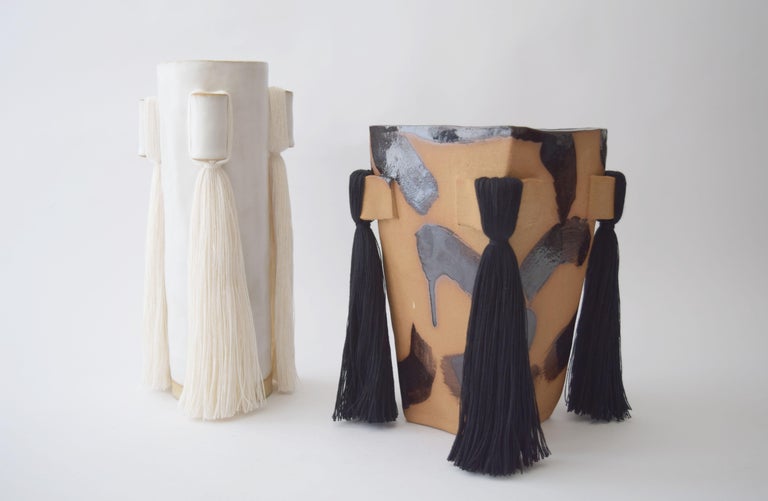 Handmade Ceramic Vase With Black Brushstrokes Black Cotton Fringe