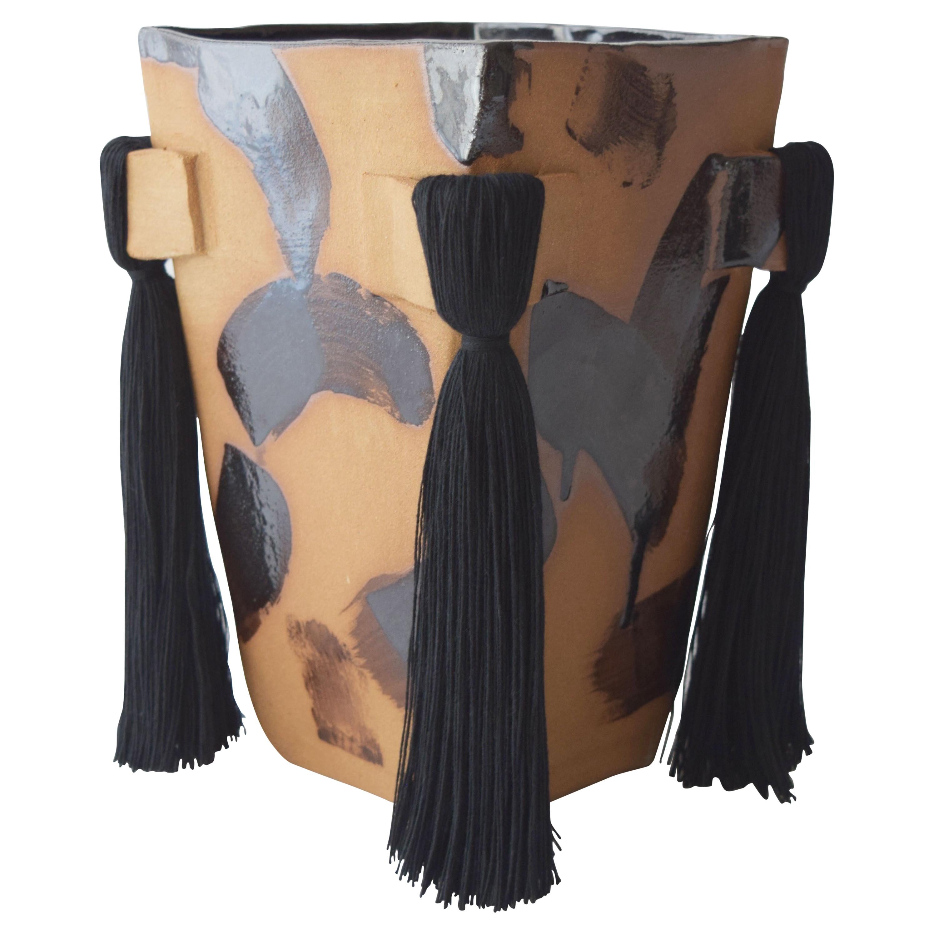 Handmade Ceramic Vase with Black Brushstrokes, Black Cotton Fringe