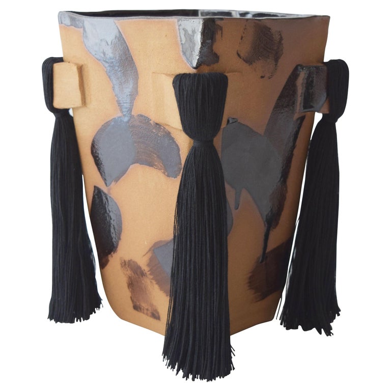 Handmade Ceramic Vase With Black Brushstrokes Black Cotton Fringe