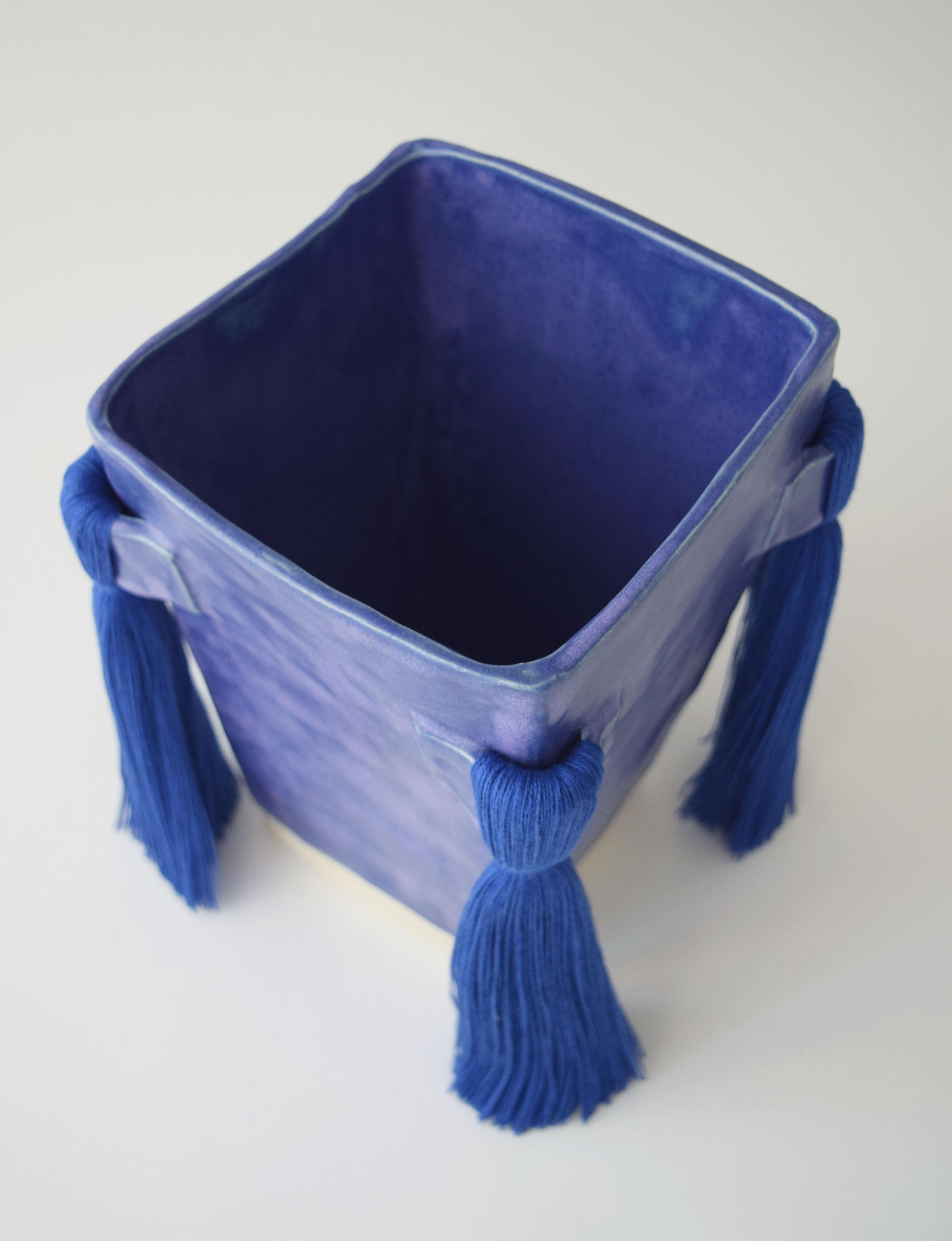 Hand-Crafted Handmade Ceramic Vase with Blue Glaze, Blue Cotton Fringe