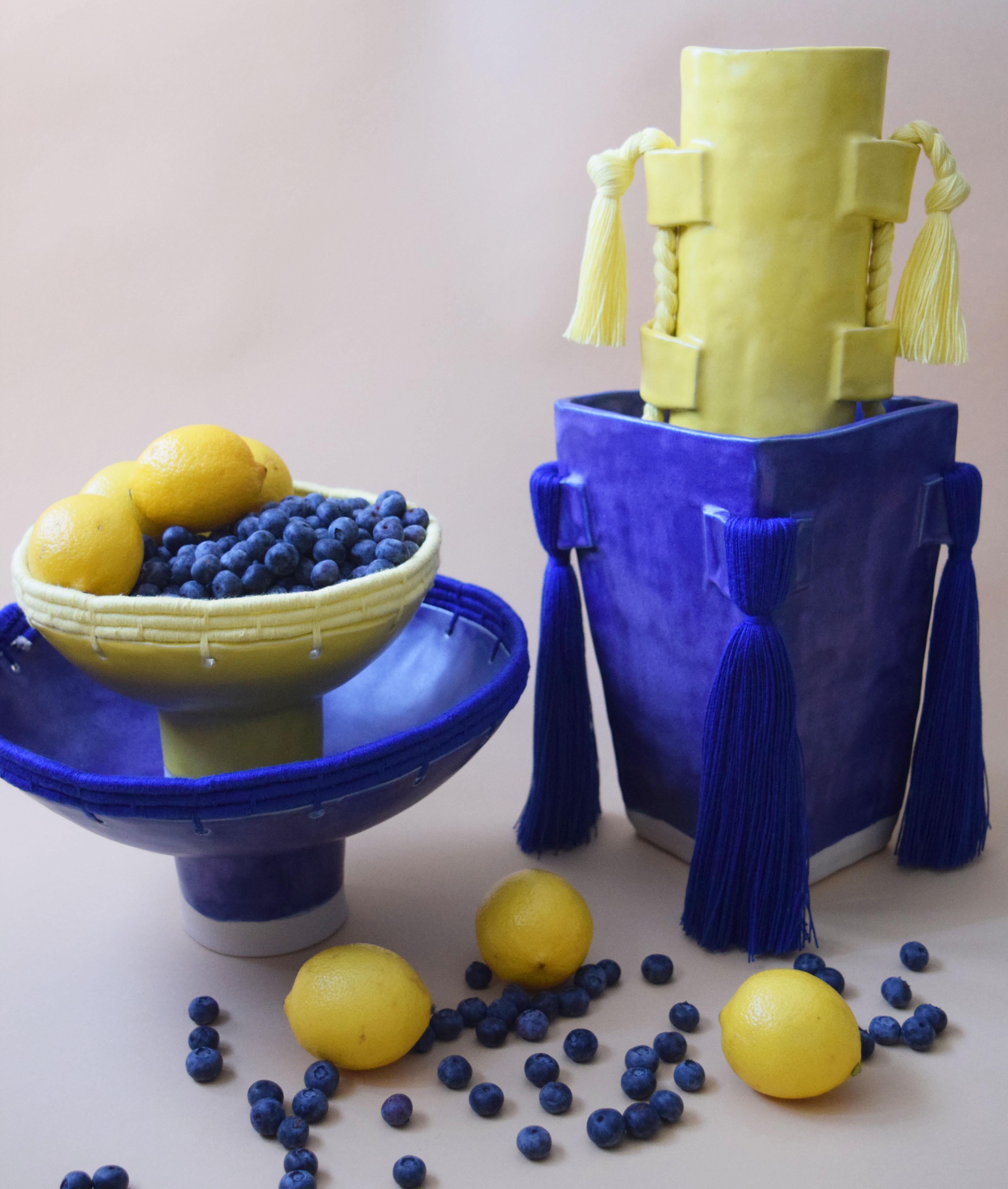 Contemporary Handmade Ceramic Vase with Blue Glaze, Blue Cotton Fringe