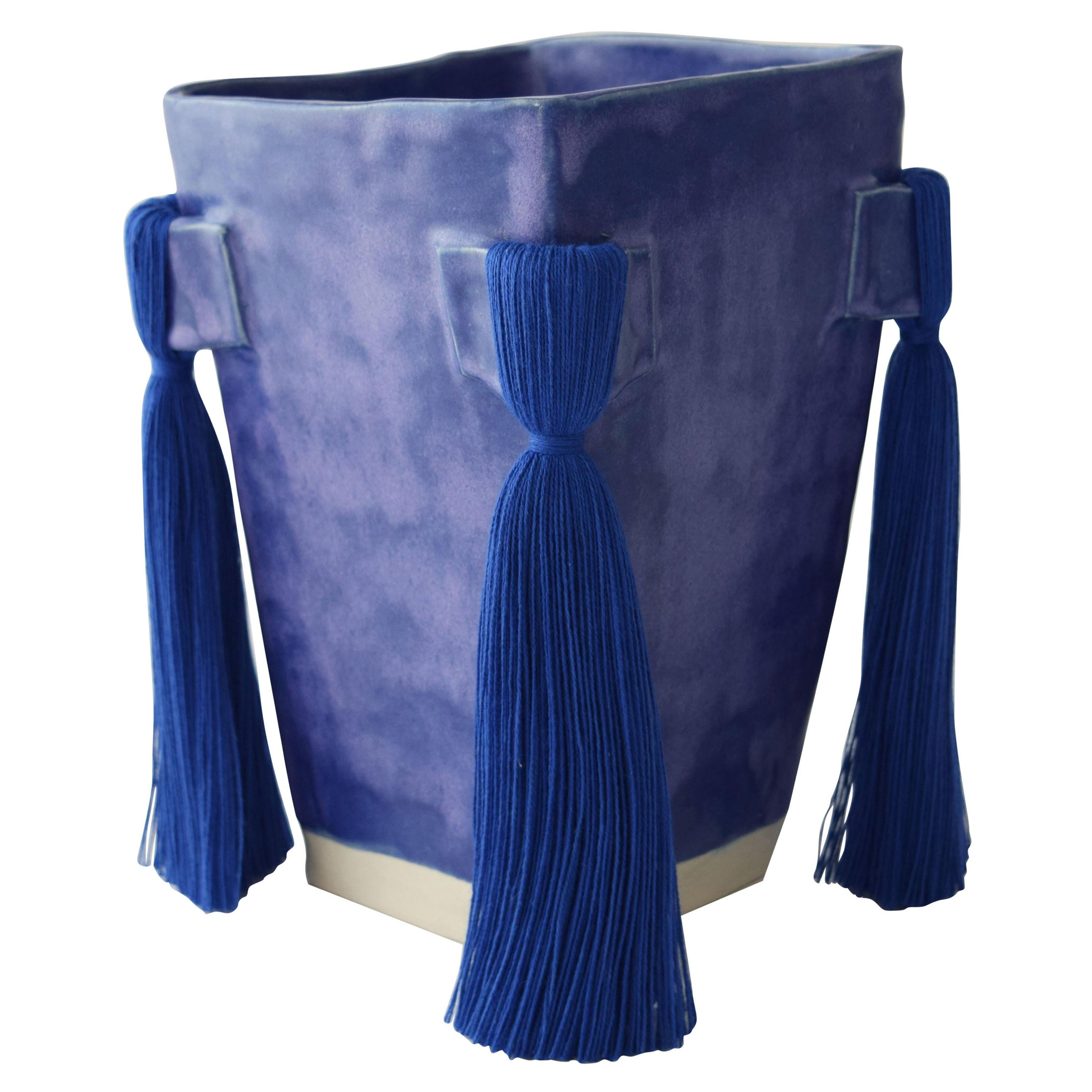 Handmade Ceramic Vase with Blue Glaze, Blue Cotton Fringe