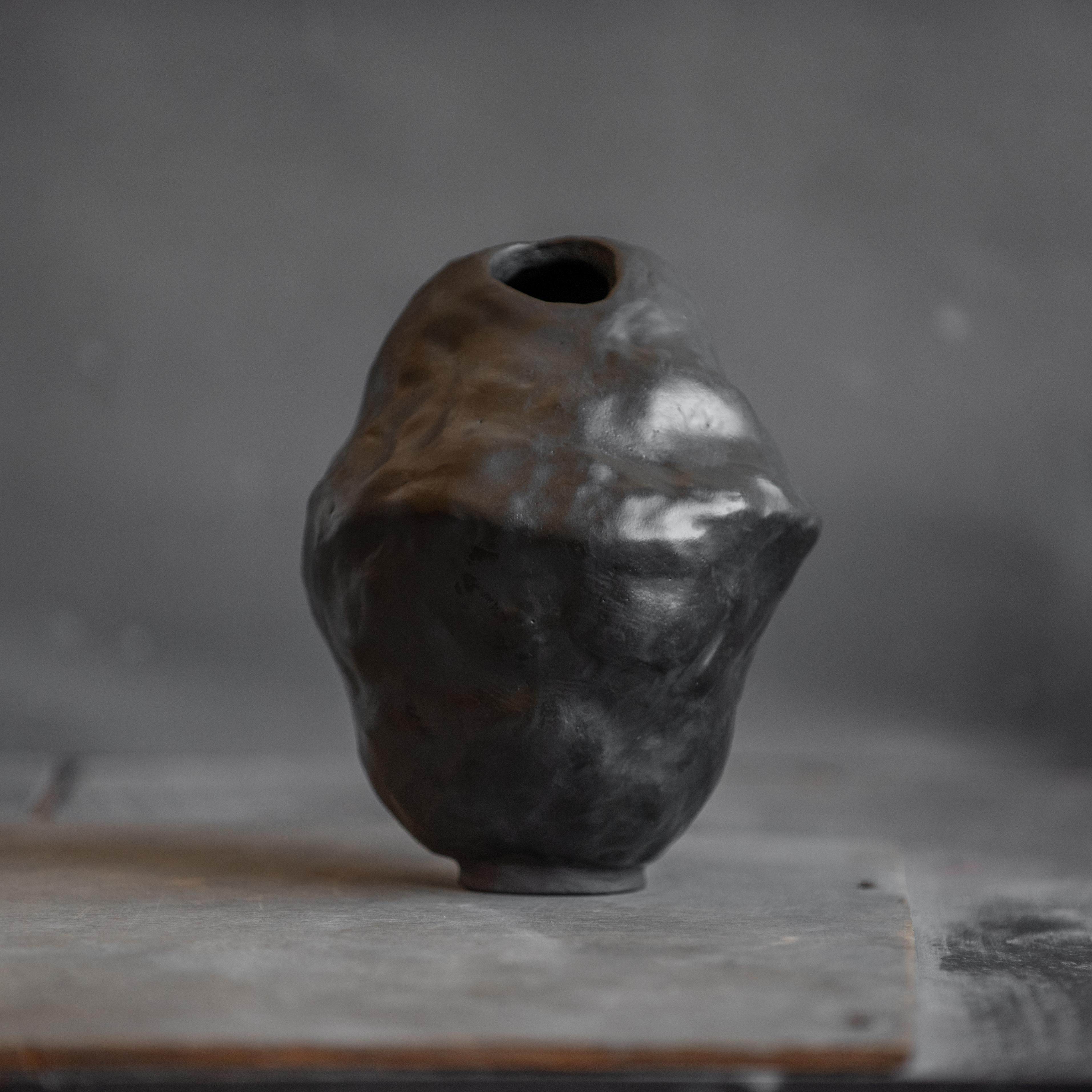 Molded Handmade Ceramic Black Wabi Sabi Tribal Vase Modern Stoneware Vase  For Sale