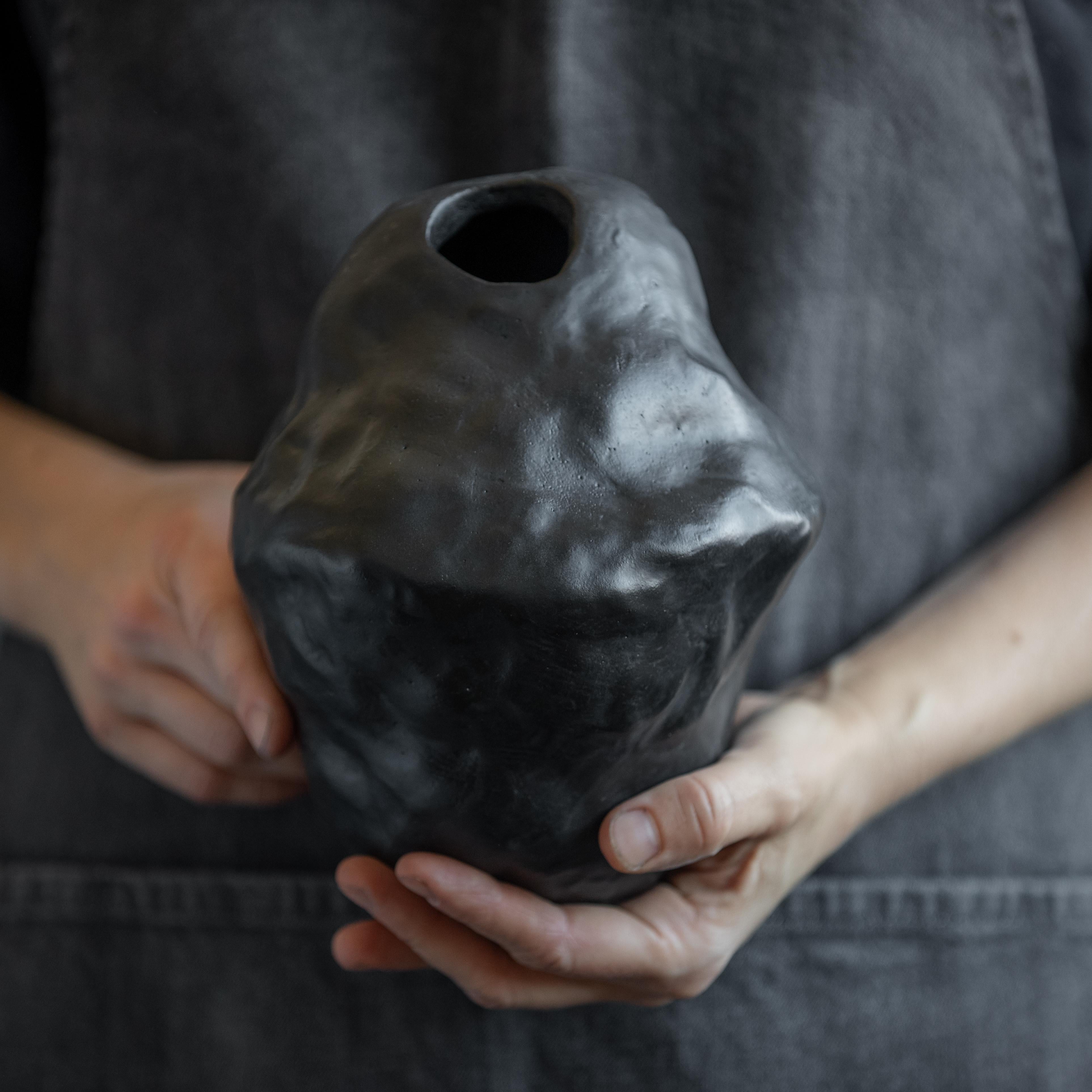 Handmade Ceramic Black Wabi Sabi Tribal Vase Modern Stoneware Vase  In New Condition For Sale In KRAKÓW, PL
