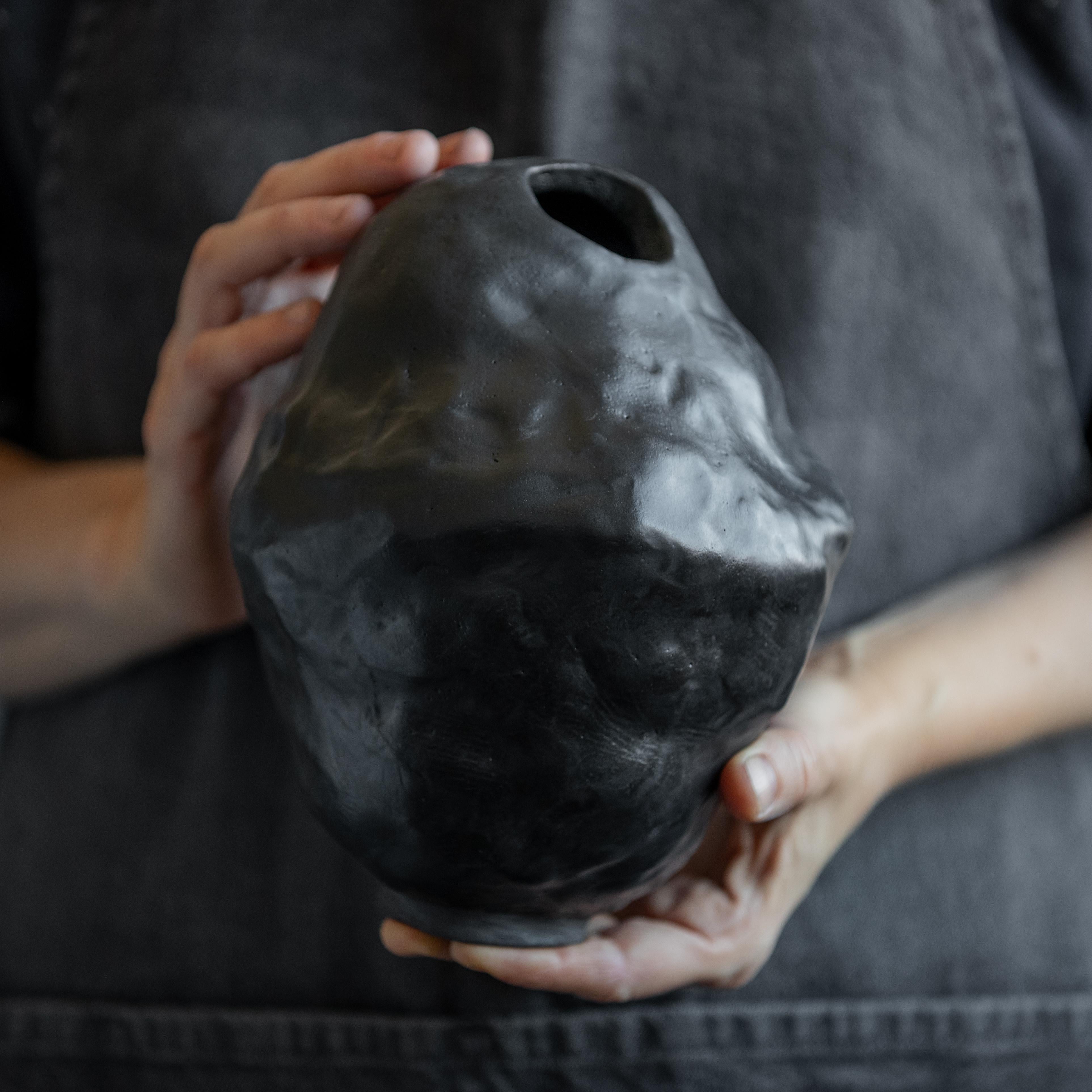 Contemporary Handmade Ceramic Black Wabi Sabi Tribal Vase Modern Stoneware Vase  For Sale