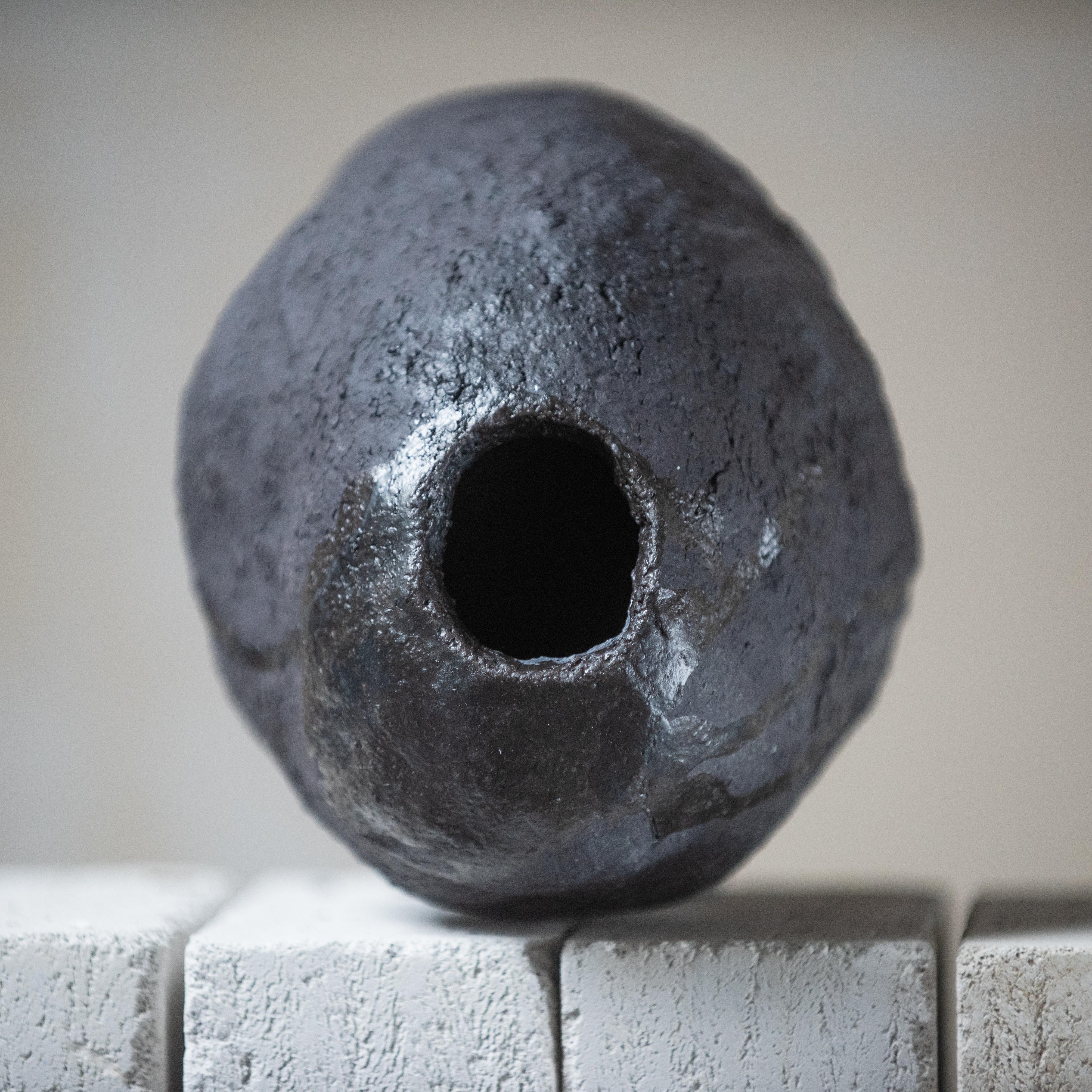 Handmade Ceramic Wabi Sabi Vase, Black Vase Modern Stoneware Minimalistic Vessel For Sale 6