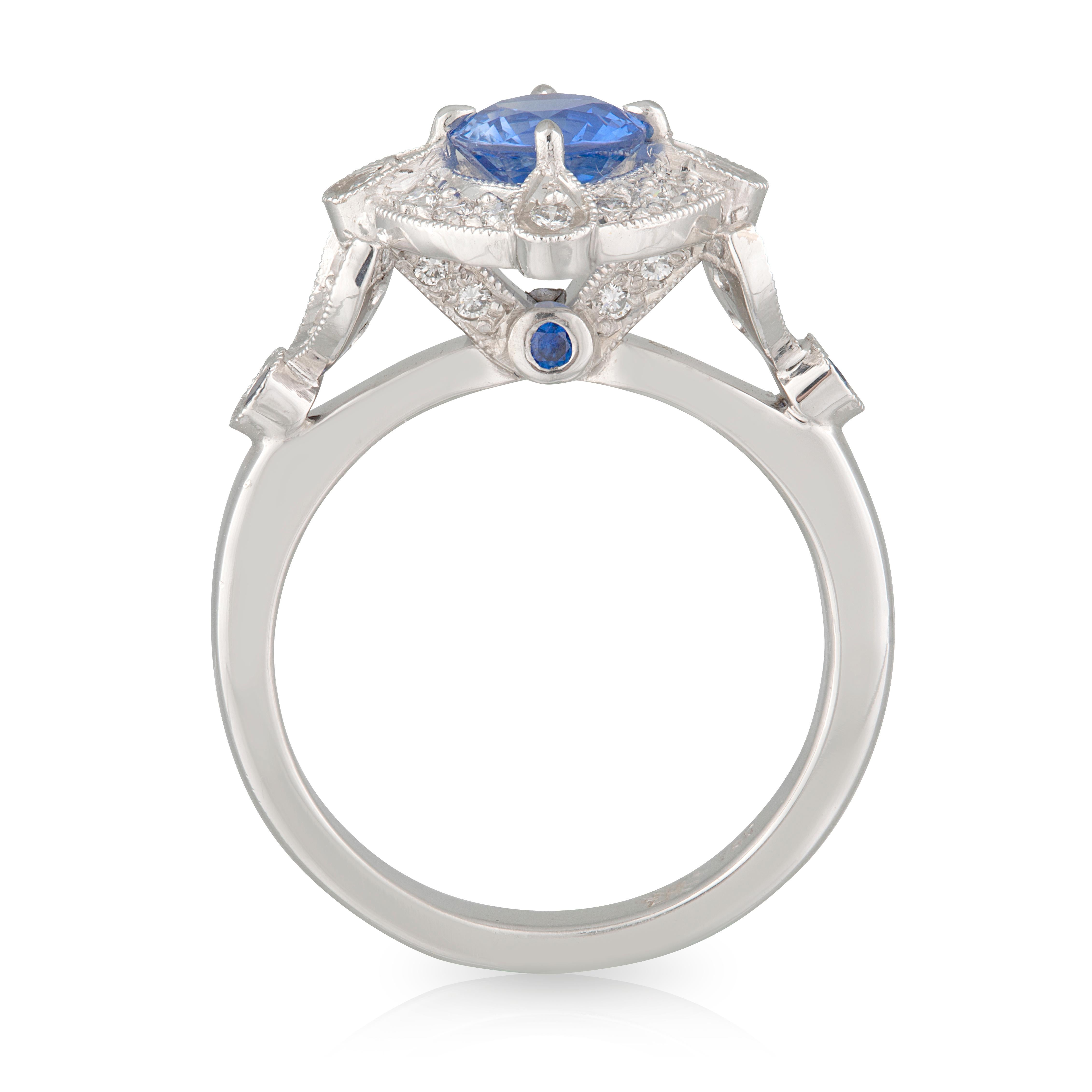  Handmade 18ct White Gold round brilliant cut 1.06ct Ceylon Blue Sapphire & Diamond Art Deco Style Engagement Ring. TDW 0.41ct
