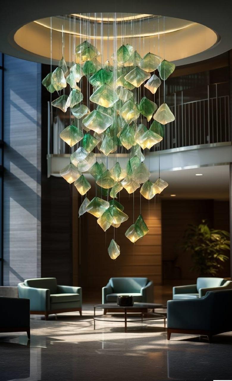 The “Green Harmony” chandelier is a masterpiece that captures the essence of nature and modern elegance. Its green glass elements, reminiscent of delicate leaves or shimmering crystals, seem to float effortlessly in the air, creating a captivating
