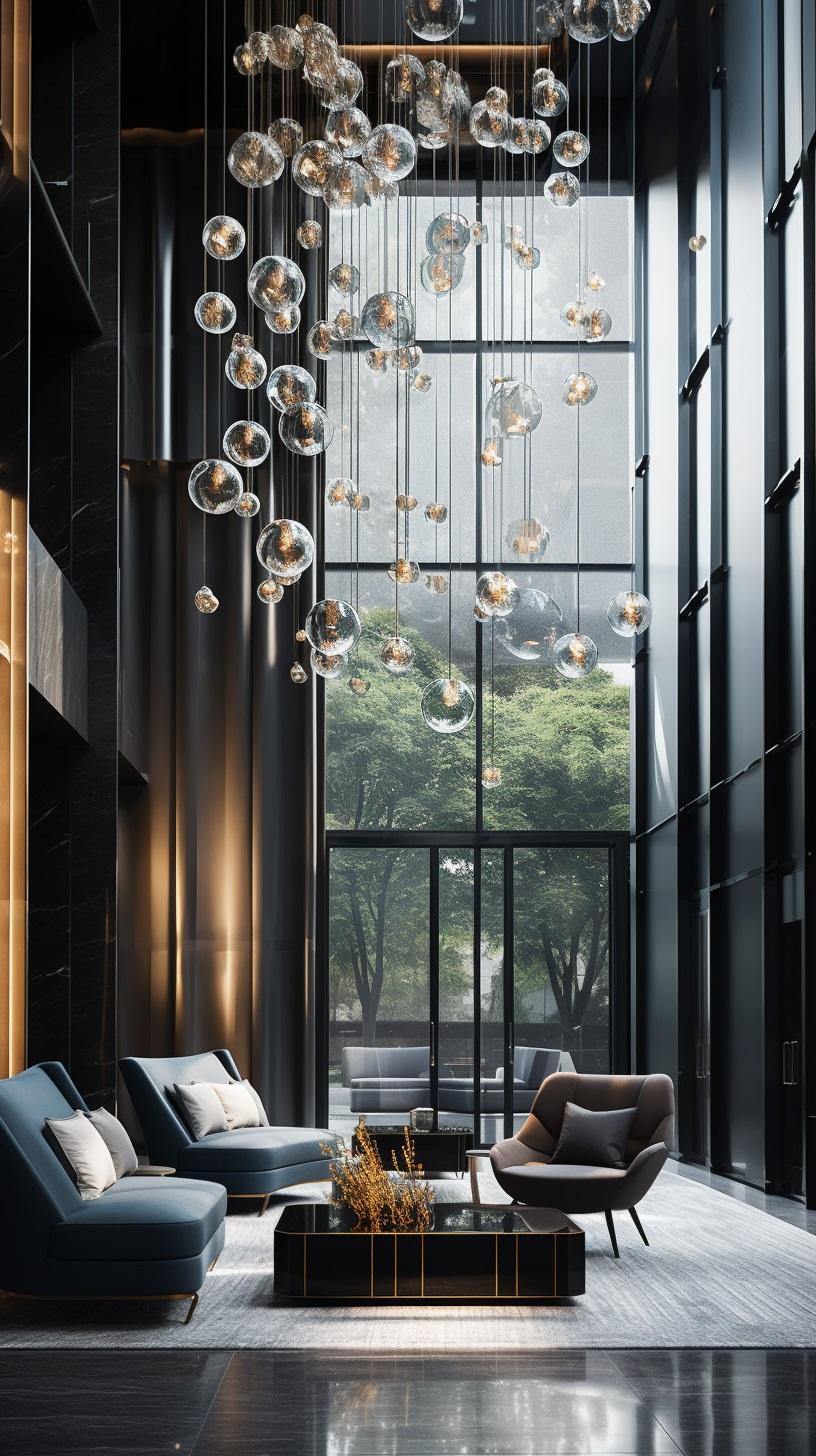 Américain Lustre fait à la main avec des éléments soufflés en verre et des éléments lumineux en vente