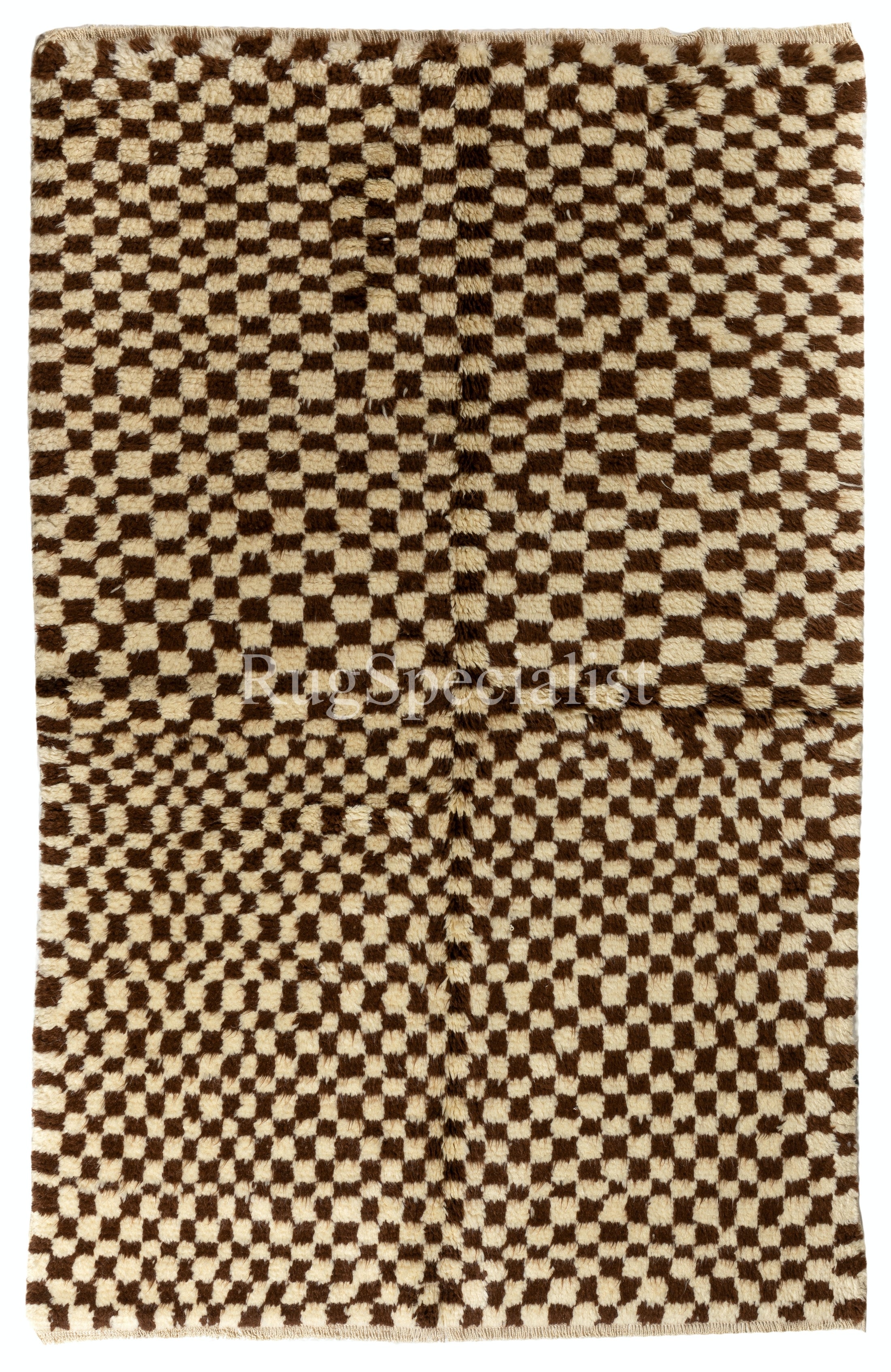  5x7 Ft Modern Checkered Hand-Knotted Tulu Rug, 100% Wool, Cream and Brown Color For Sale