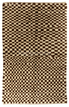 Vintage  5x7 Ft Modern Checkered Hand-Knotted Tulu Rug, 100% Wool, Cream and Brown Color