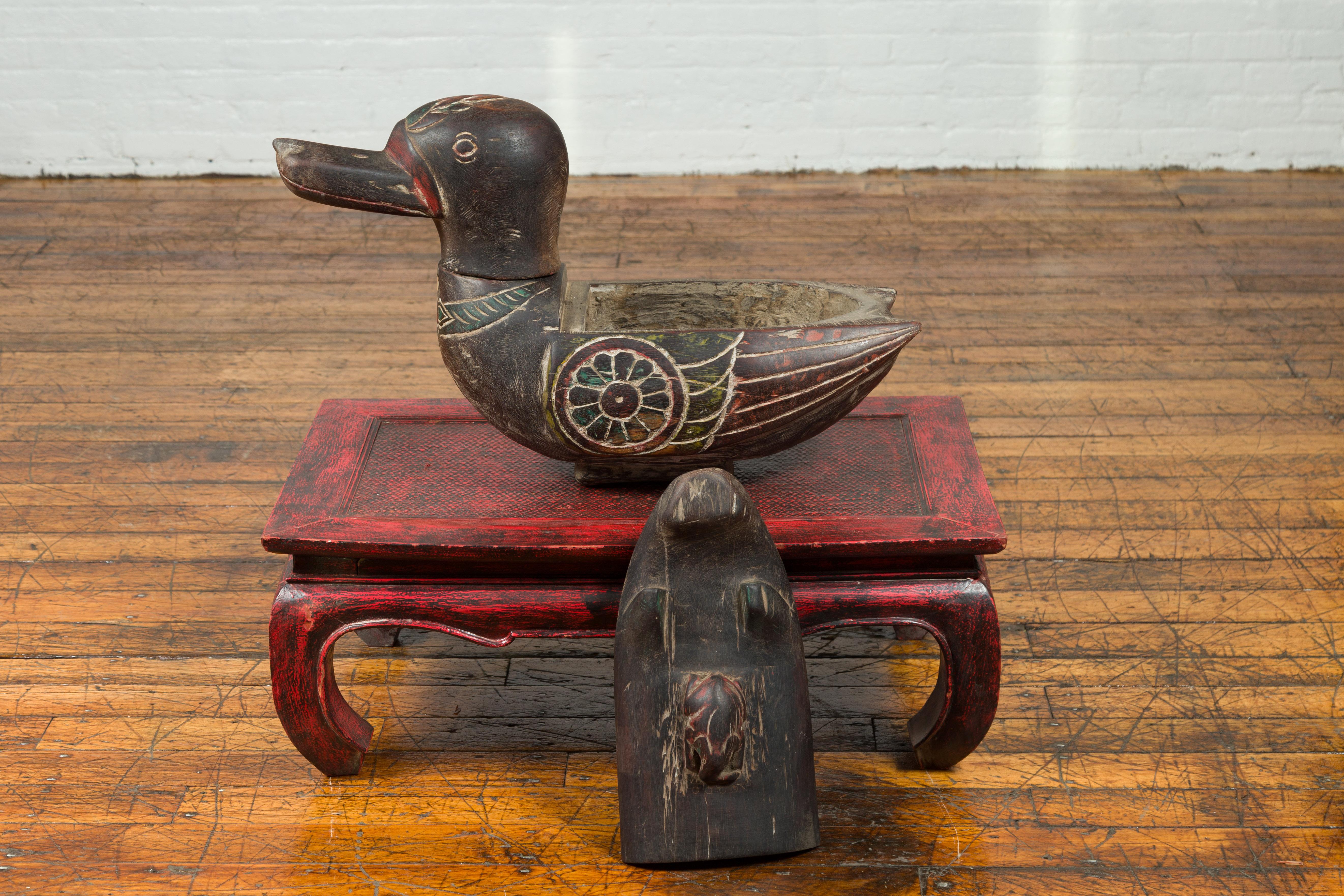 Handmade Chiang Mai Contemporary Carved Duck Prayer Box with Polychrome Accents 4