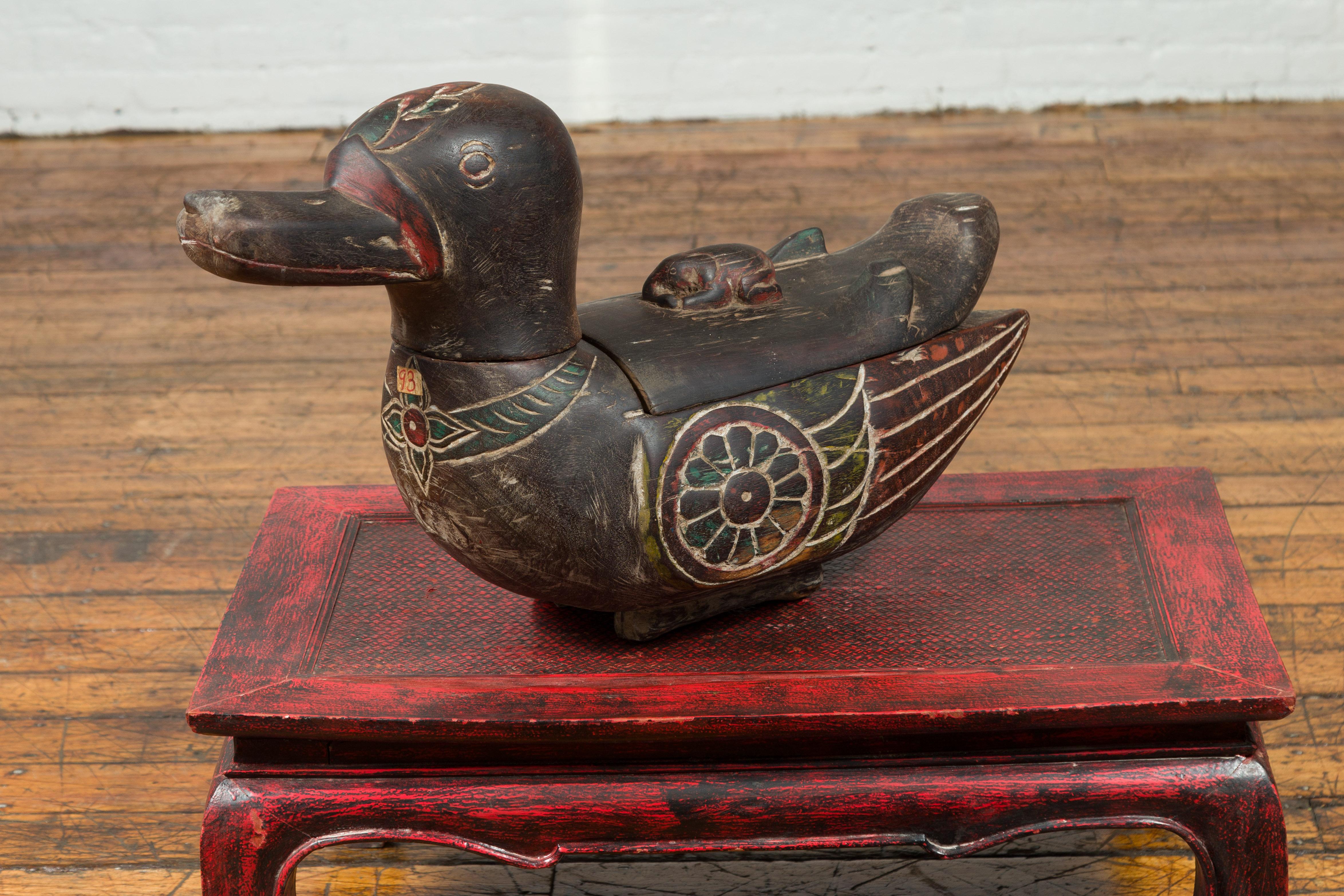 Thai Handmade Chiang Mai Contemporary Carved Duck Prayer Box with Polychrome Accents