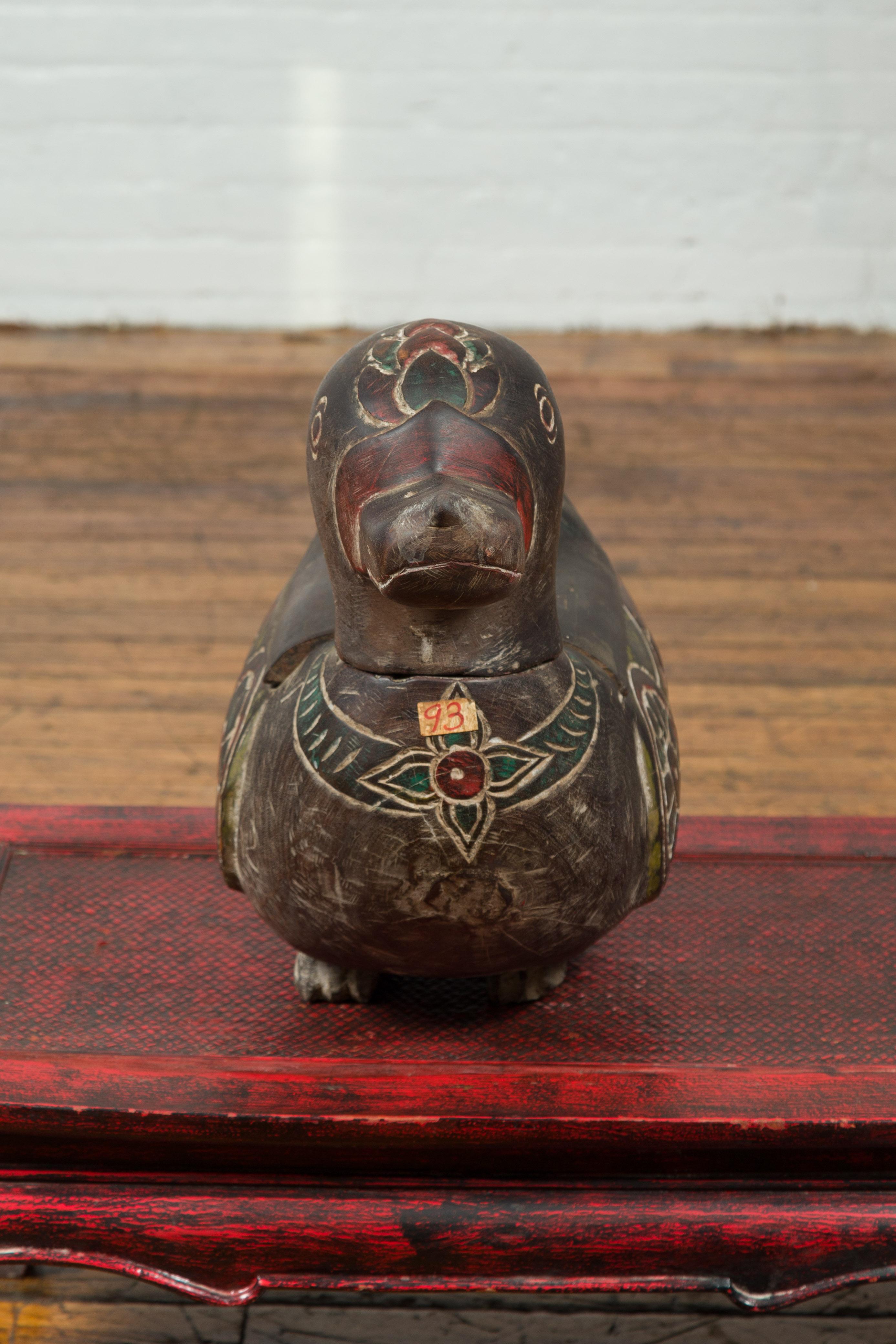 Handmade Chiang Mai Contemporary Carved Duck Prayer Box with Polychrome Accents In Good Condition In Yonkers, NY