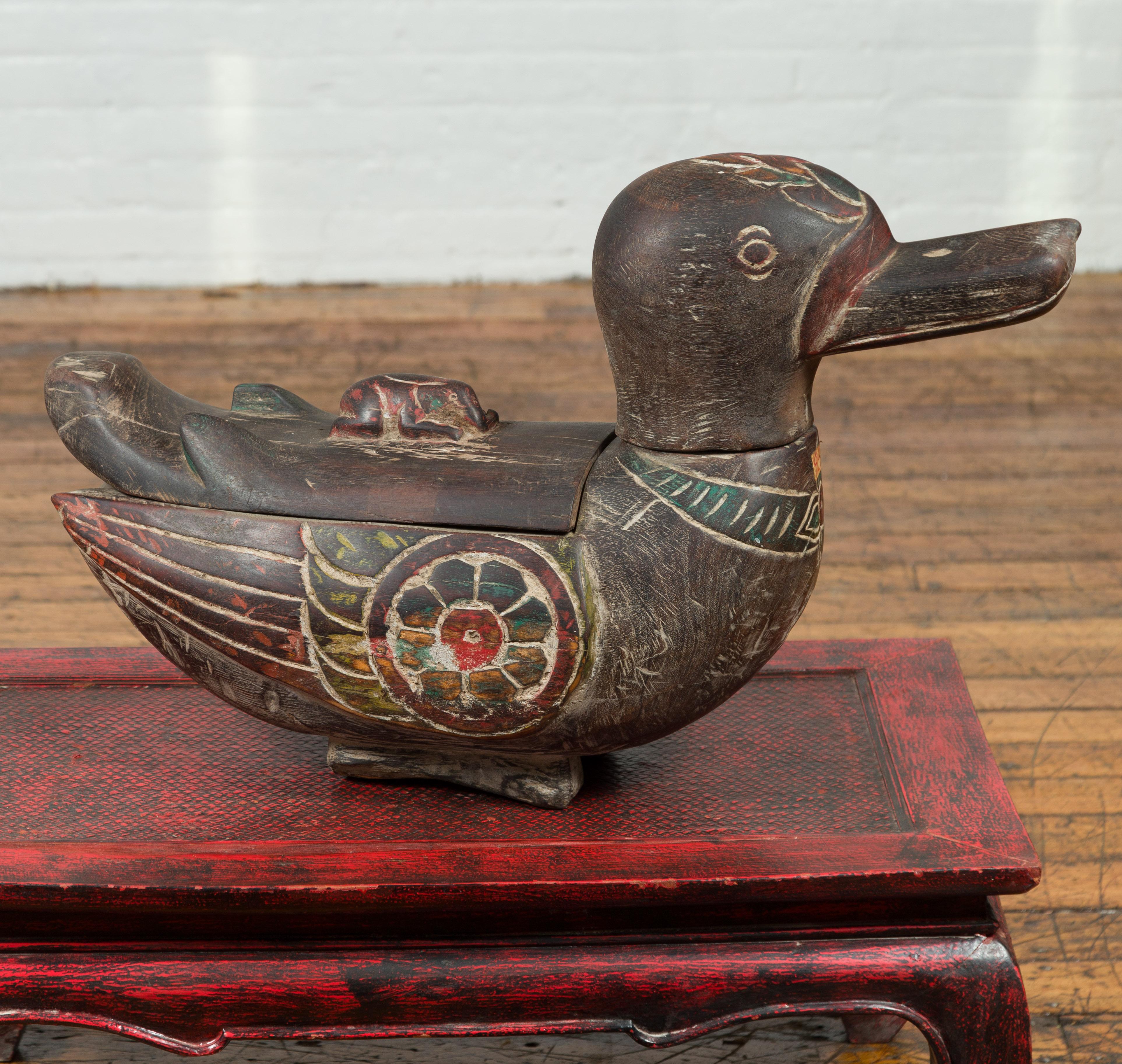 Wood Handmade Chiang Mai Contemporary Carved Duck Prayer Box with Polychrome Accents