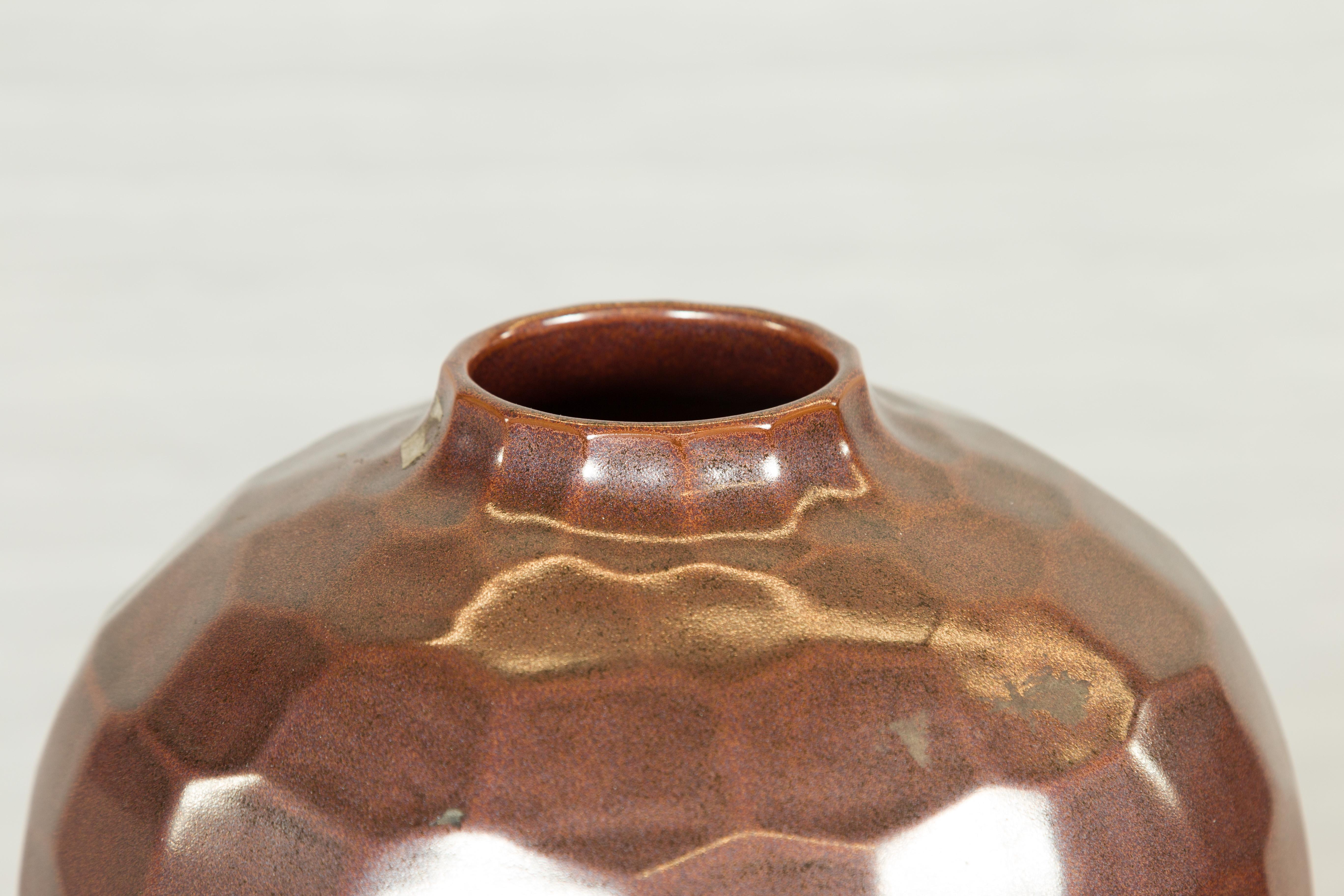Handmade Chiang Mai Northern Thai Ceramic Vase with Faceted Tortoise Pattern 1