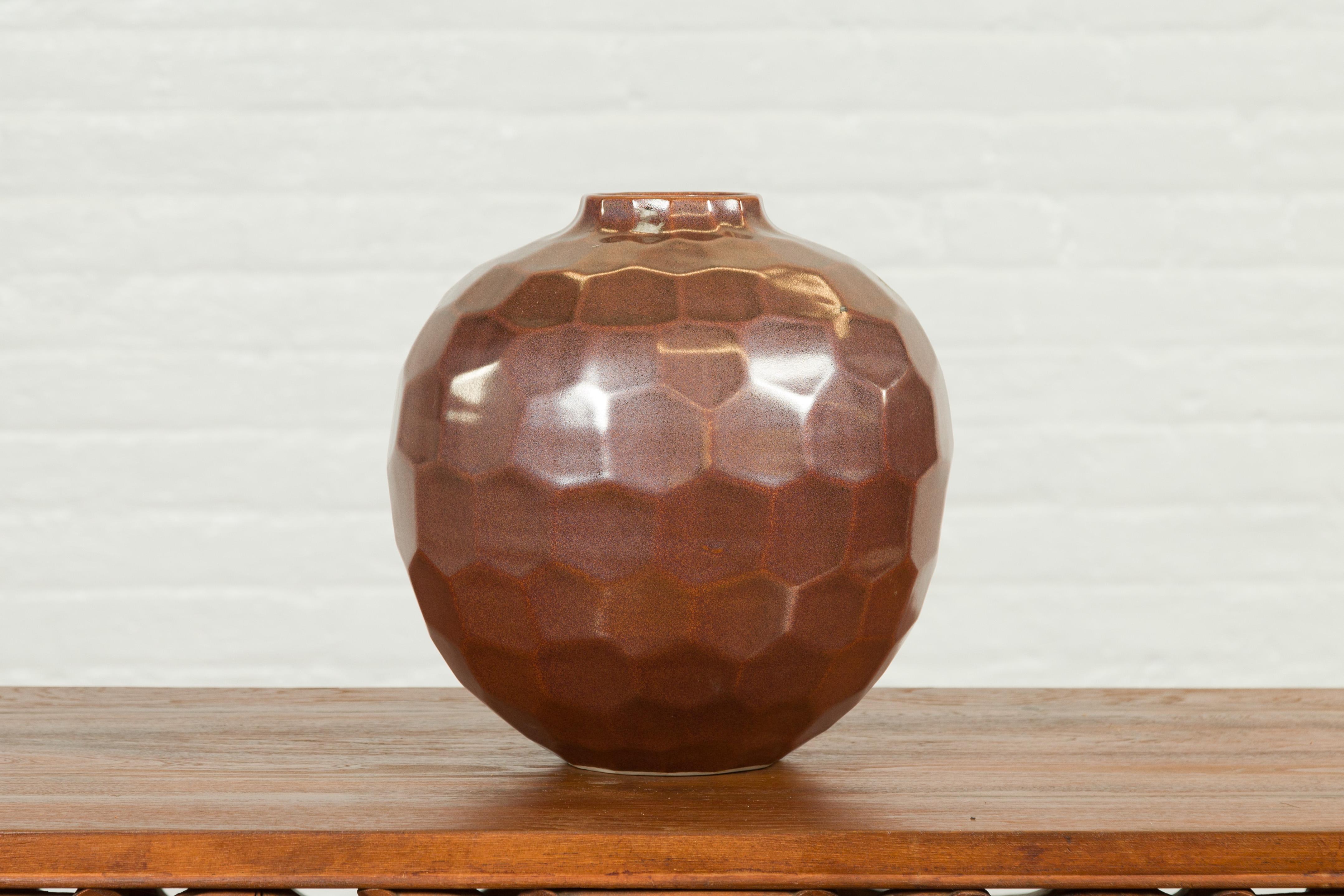 Handmade Chiang Mai Northern Thai Ceramic Vase with Faceted Tortoise Pattern 2