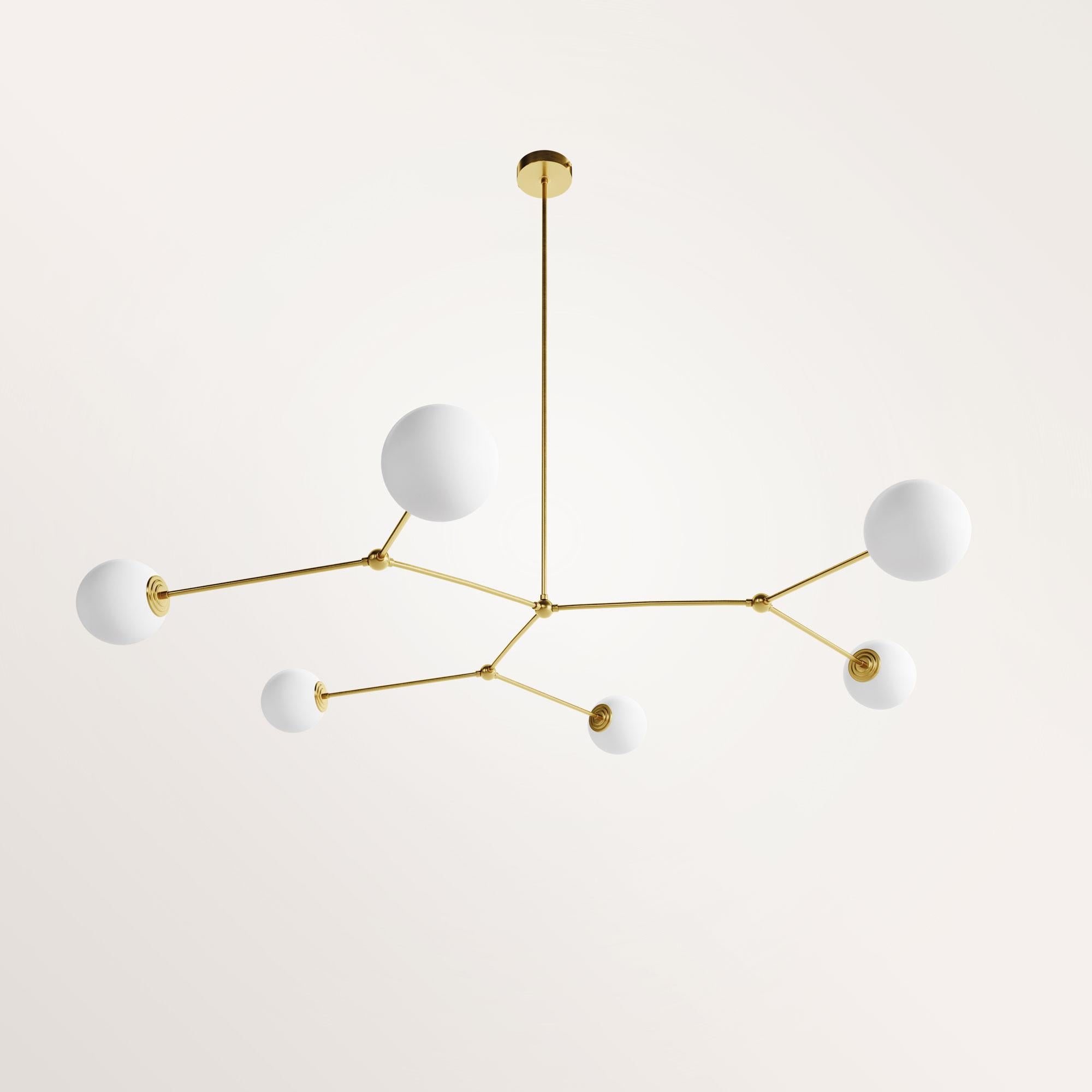 Handmade chione chandelier by Gobo Lights
Dimensions: 135 L x 135 L x 100 H
Materials: Brass, opaline

Chione is a goddess, daughter of Boreas. She is associated to the winter.

Self-taught and from the world of chemistry, this Belgian