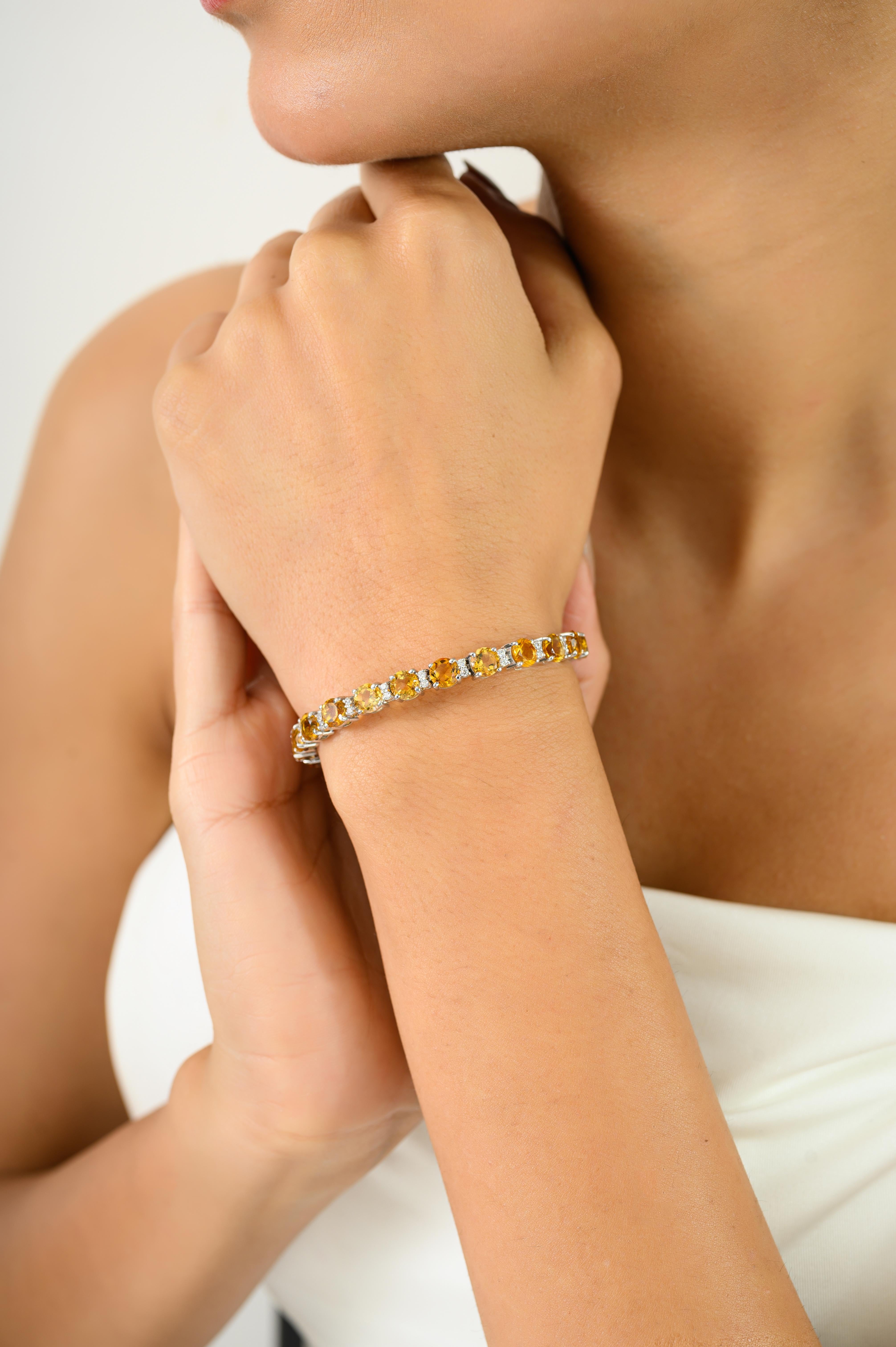 Round Cut Handmade Citrine Tennis Bracelet with Studded Zircon for Grandmother in Silver For Sale