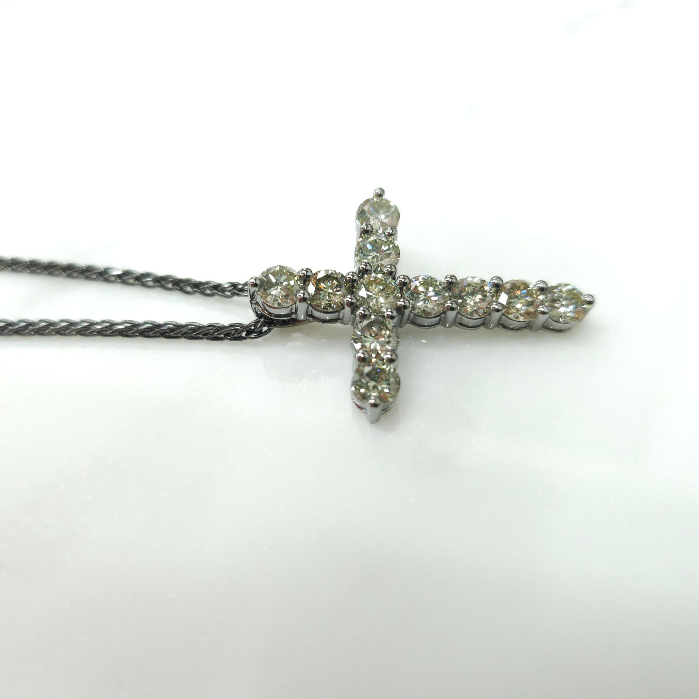 Round Cut 2.44 Carat Natural Fancy Green Color Diamond Cross Pendant in 18K Black Gold  For Sale