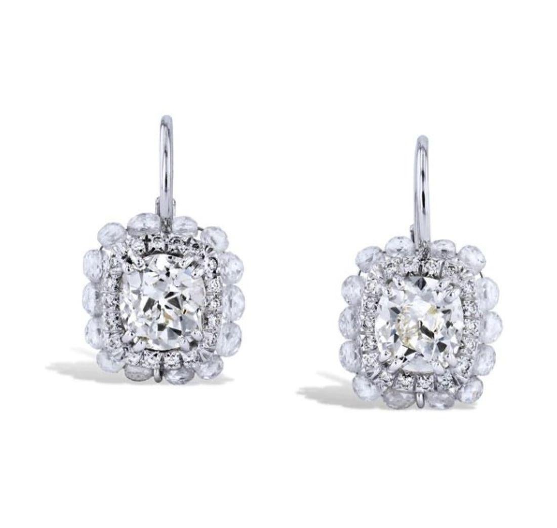 Handmade Classic Old Mine Cut Diamond Lever-Back Earrings In New Condition For Sale In Miami, FL