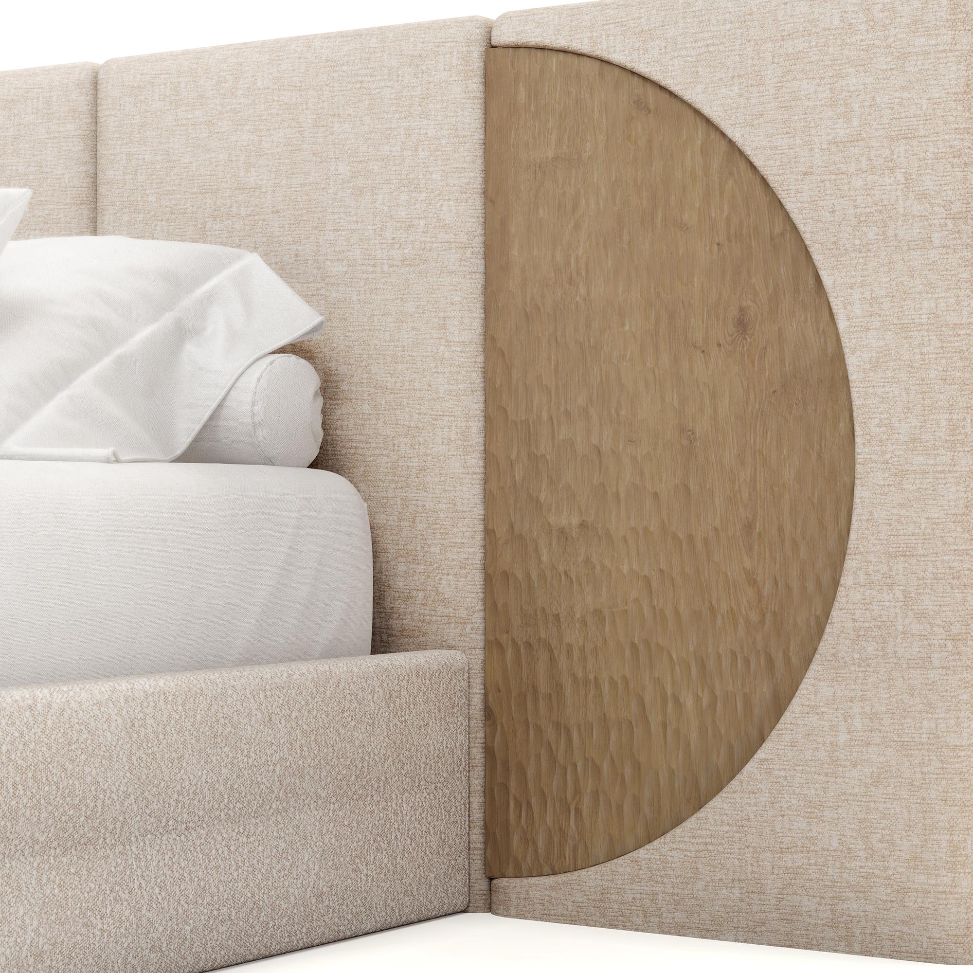 Organic Modern Handmade Claude Bed in Carved Oak with Bouclé Headboard by Nolita Harbour For Sale