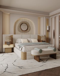 Handmade Claude Bed in Carved Oak with Bouclé Headboard by Nolita Harbour