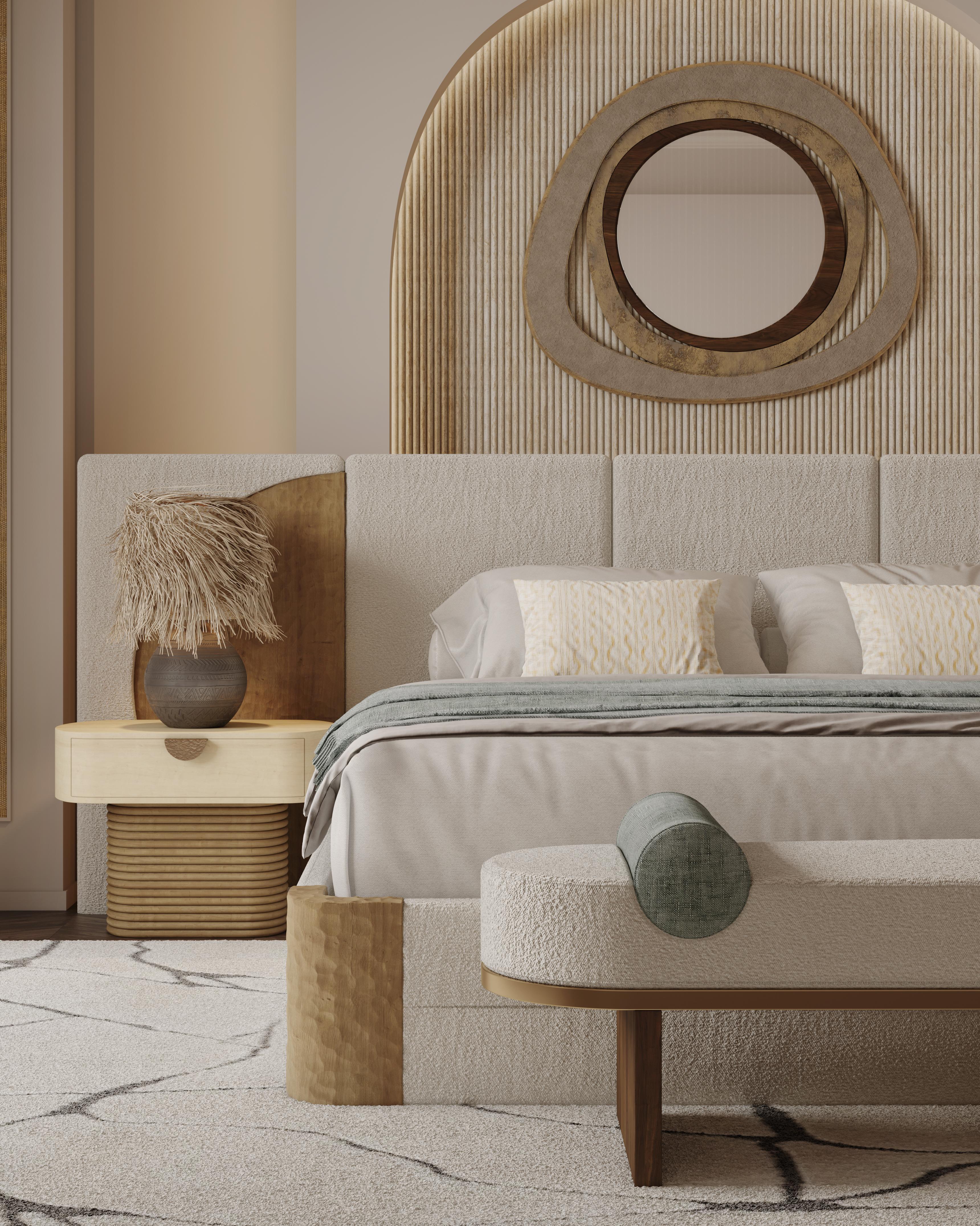 Handmade Claude Bed in Carved Oak with Bouclé Headboard by Nolita Harbour For Sale 1