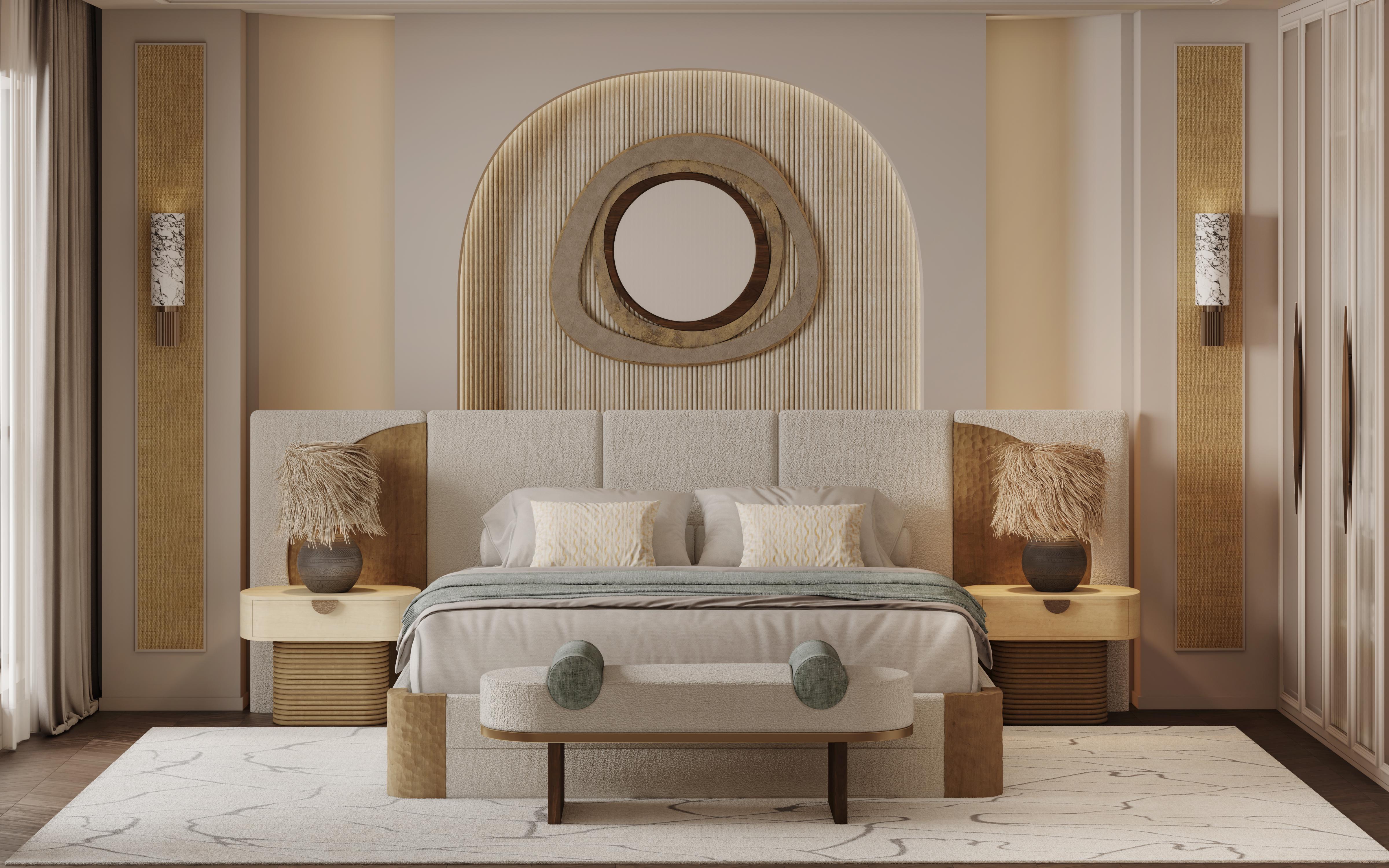 Handmade Claude Bed in Carved Oak with Bouclé Headboard by Nolita Harbour For Sale 2