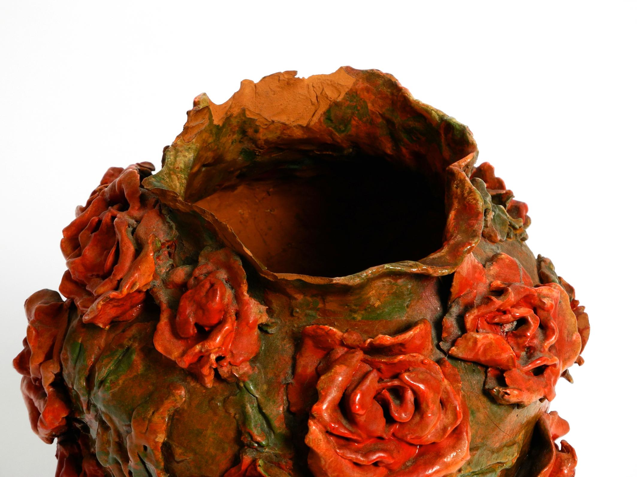 Handmade Clay Vase in Green-Brown with Red Roses by Rosie Fridrin Rieger 1918 For Sale 5