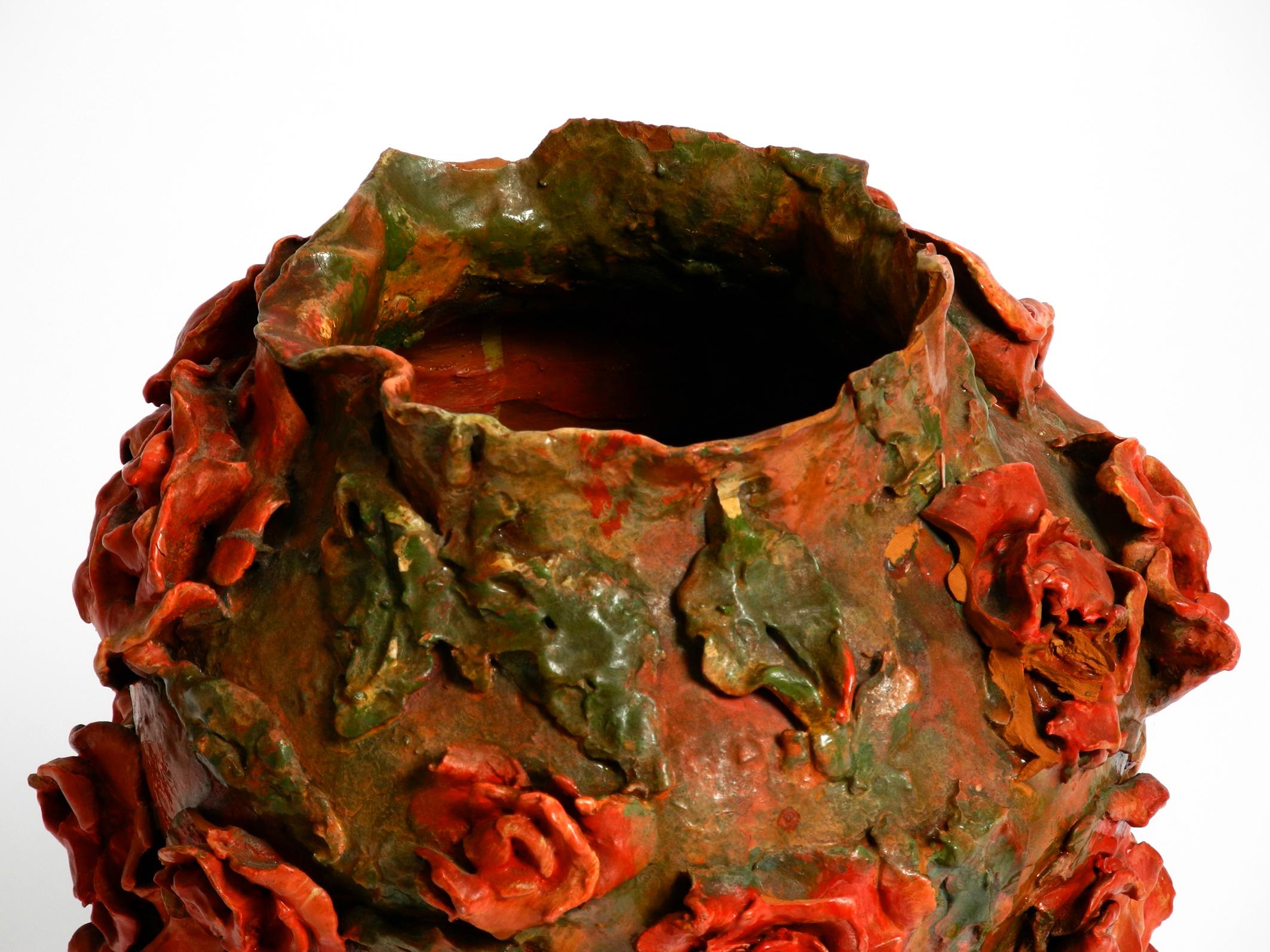 Handmade Clay Vase in Green-Brown with Red Roses by Rosie Fridrin Rieger 1918 For Sale 6