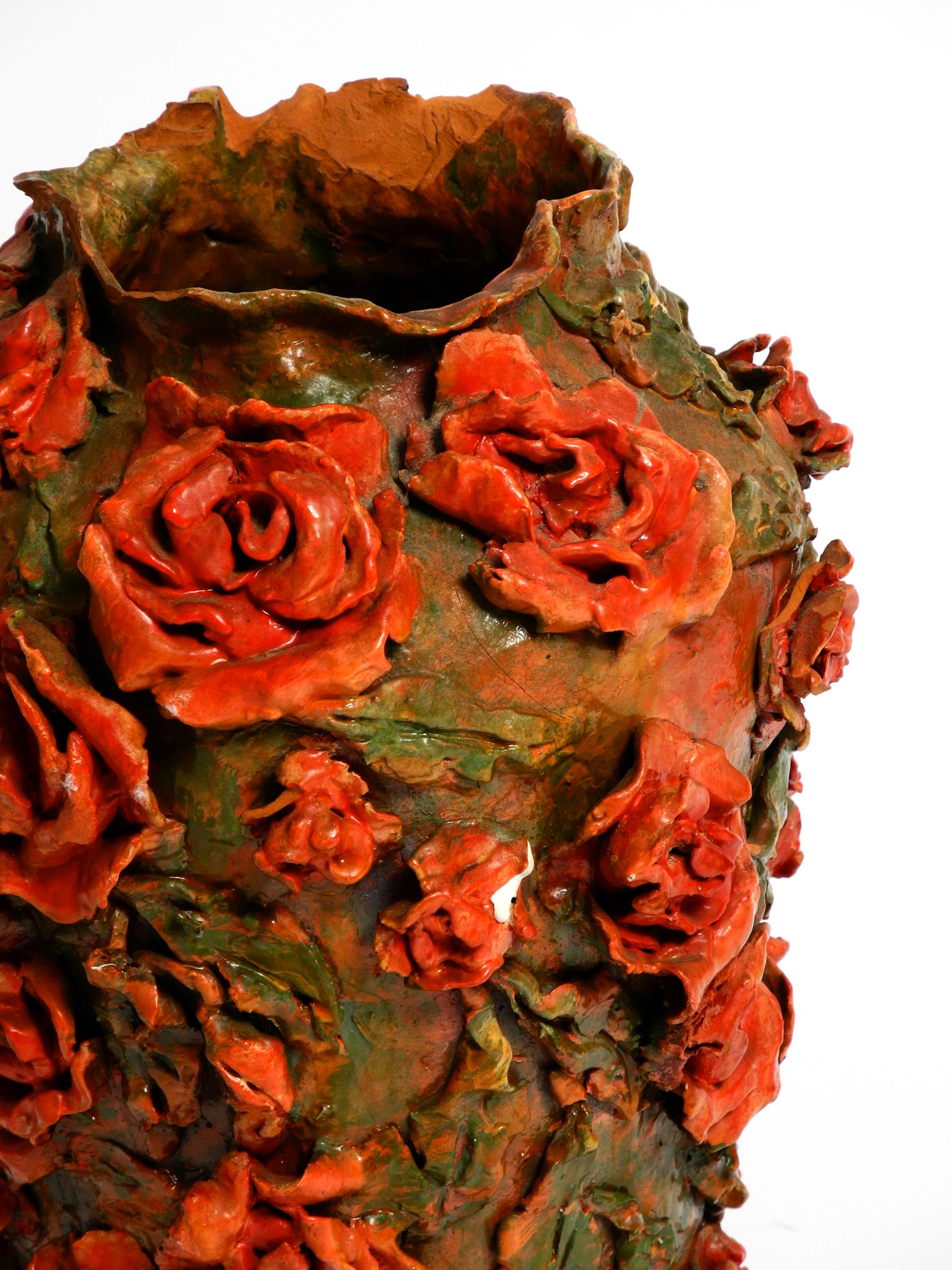 Handmade Clay Vase in Green-Brown with Red Roses by Rosie Fridrin Rieger 1918 For Sale 7