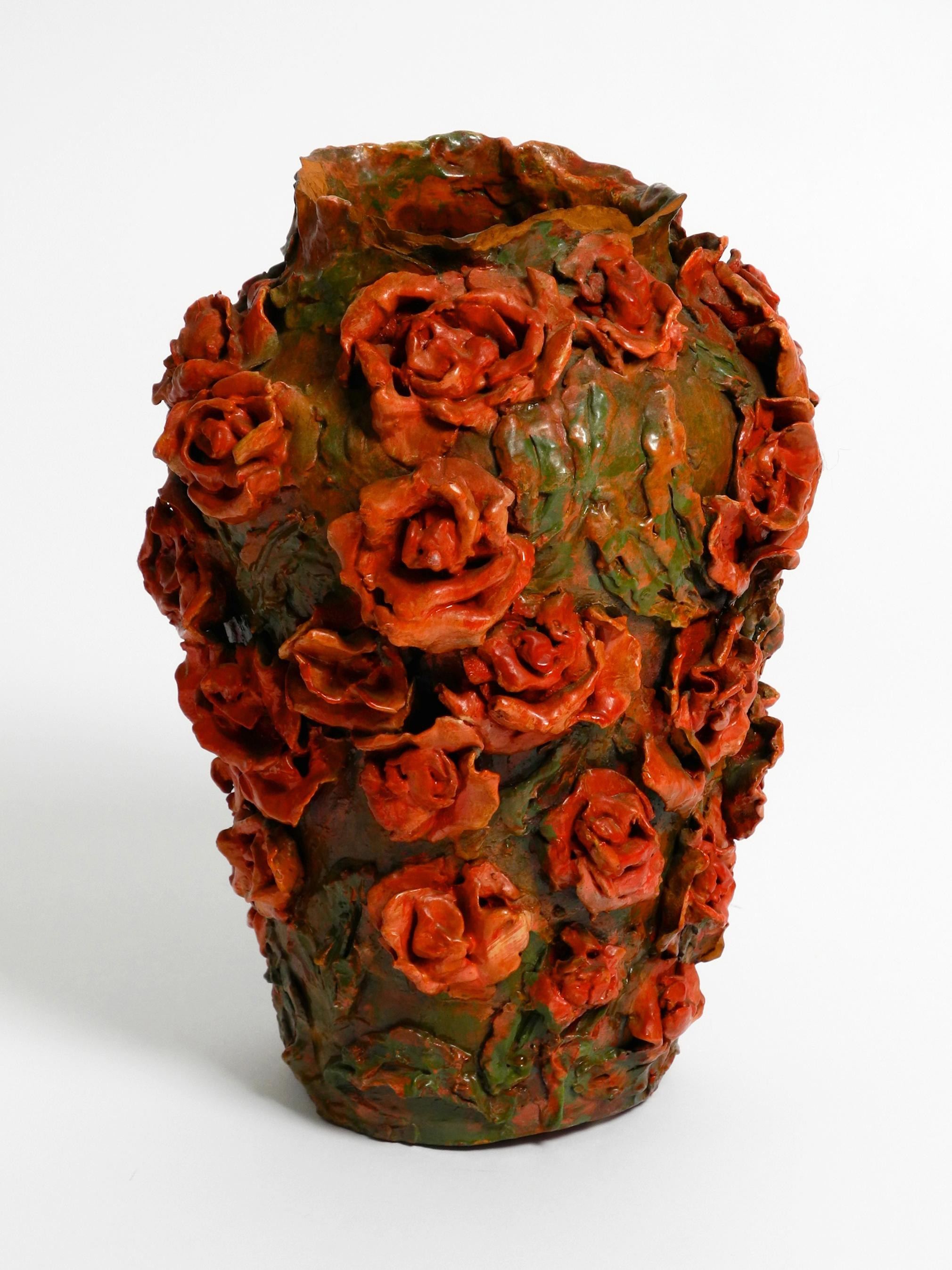 Handmade Clay Vase in Green-Brown with Red Roses by Rosie Fridrin Rieger 1918 For Sale 8