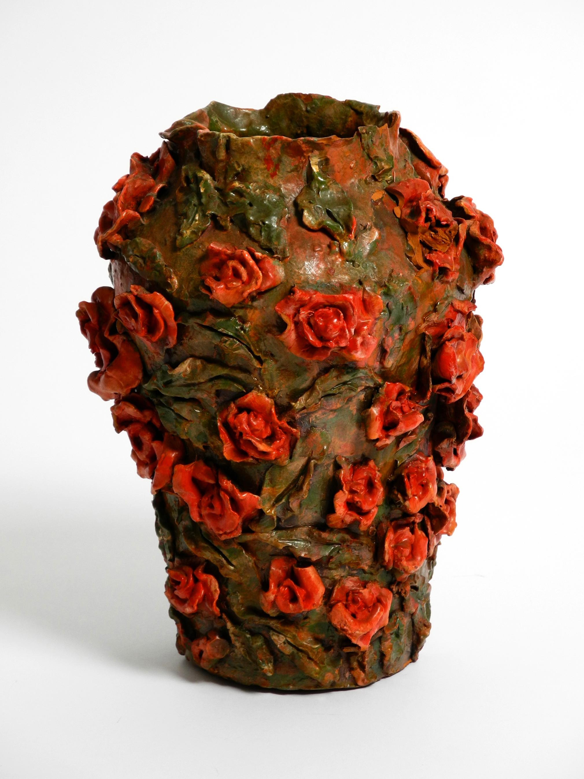 Handmade Clay Vase in Green-Brown with Red Roses by Rosie Fridrin Rieger 1918 For Sale 9