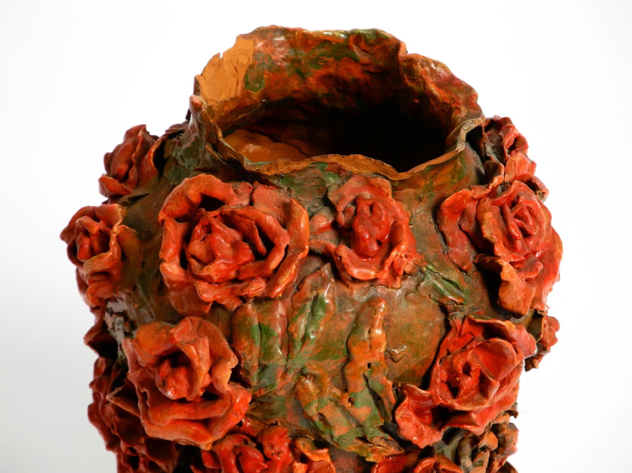 Handmade Clay Vase in Green-Brown with Red Roses by Rosie Fridrin Rieger 1918 For Sale 10