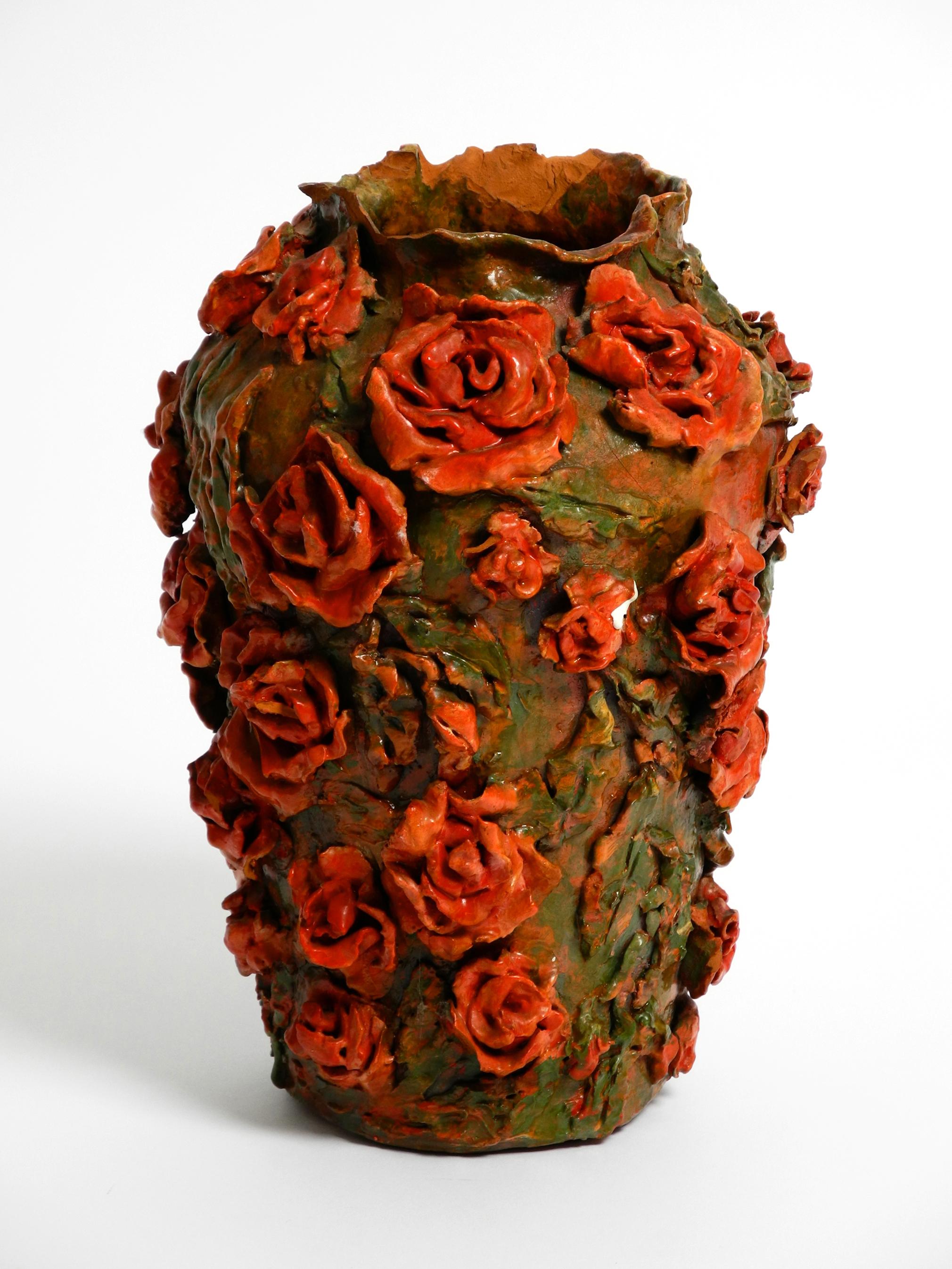 Handmade Clay Vase in Green-Brown with Red Roses by Rosie Fridrin Rieger 1918 For Sale 11