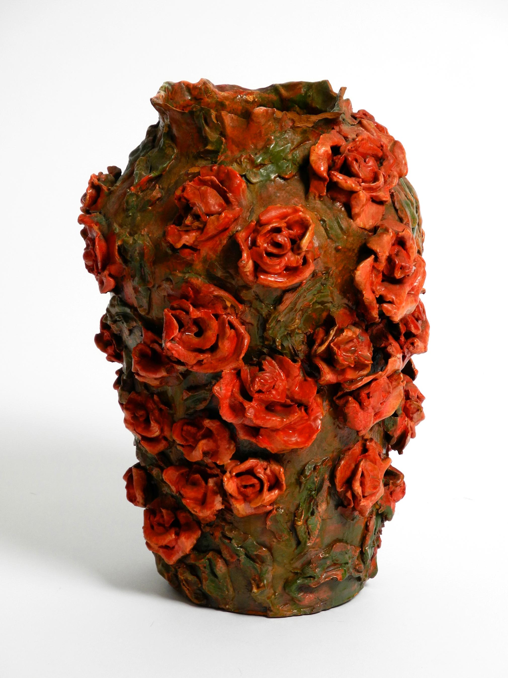 Handmade Clay Vase in Green-Brown with Red Roses by Rosie Fridrin Rieger 1918 For Sale 12