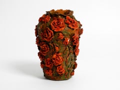 Handmade Clay Vase in Green-Brown with Red Roses by Rosie Fridrin Rieger 1918