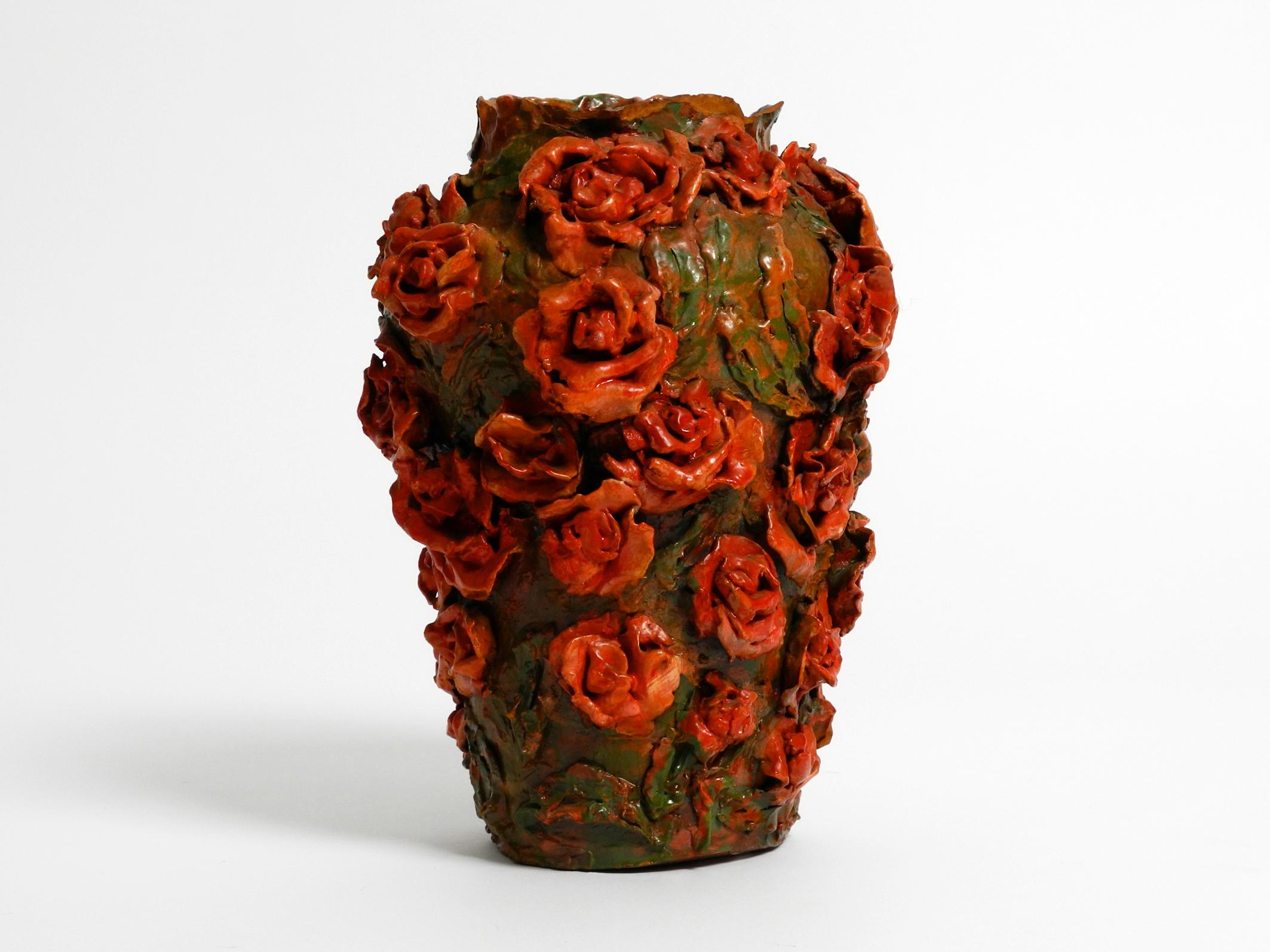 Art Nouveau Handmade Clay Vase in Green-Brown with Red Roses by Rosie Fridrin Rieger 1918 For Sale