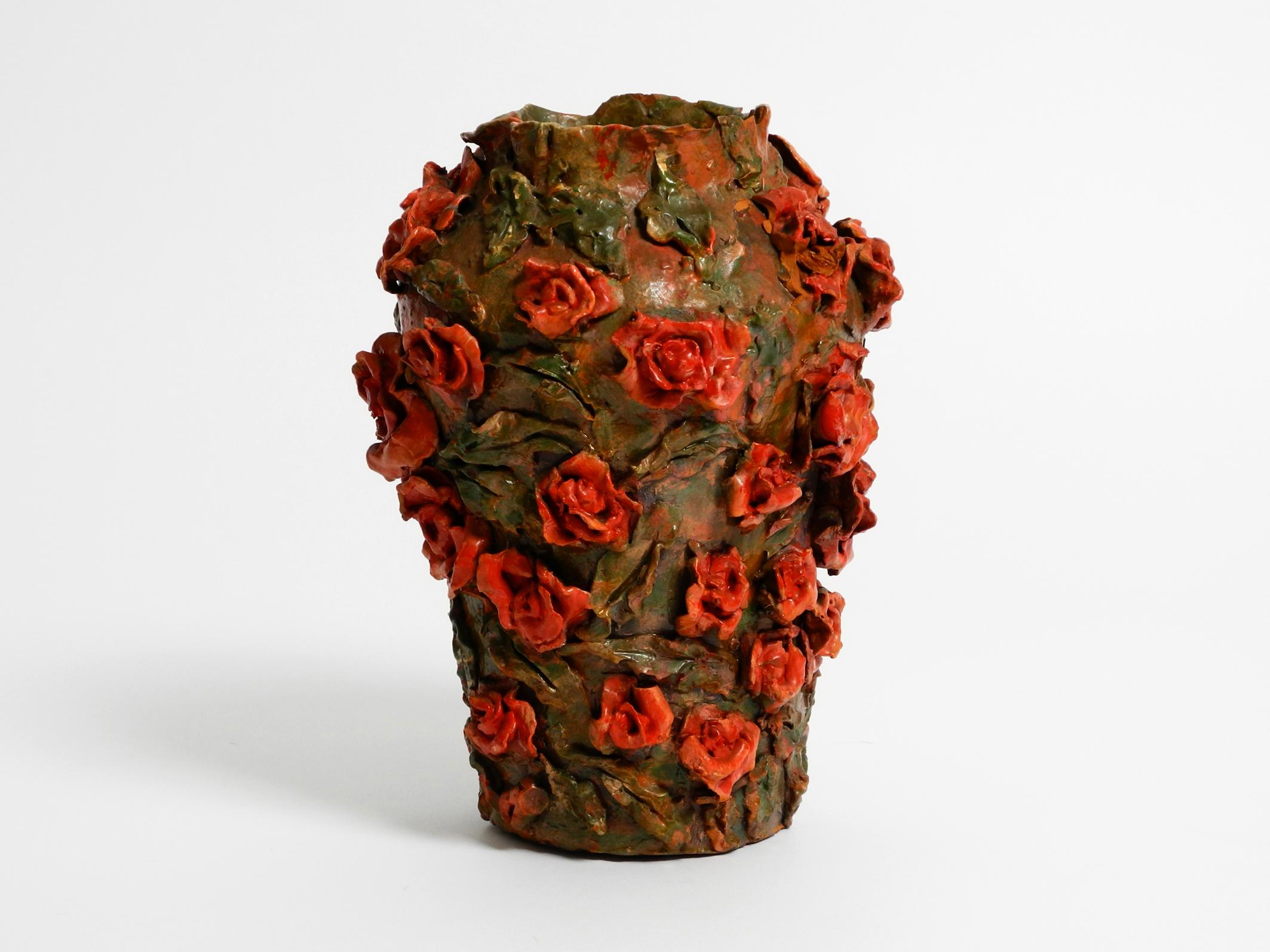 Austrian Handmade Clay Vase in Green-Brown with Red Roses by Rosie Fridrin Rieger 1918 For Sale
