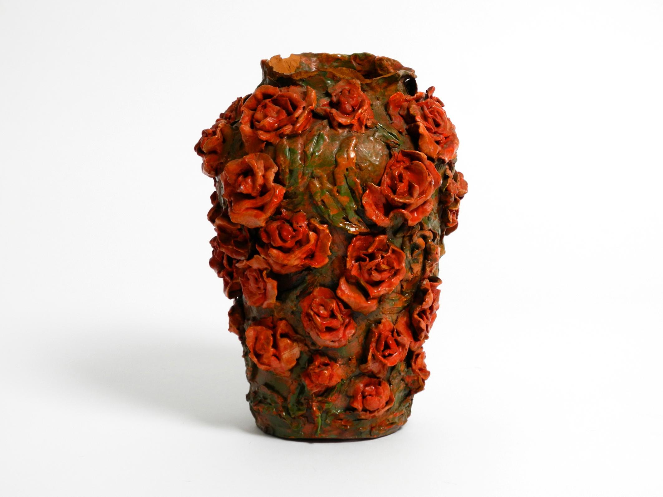 Handmade Clay Vase in Green-Brown with Red Roses by Rosie Fridrin Rieger 1918 In Good Condition For Sale In München, DE