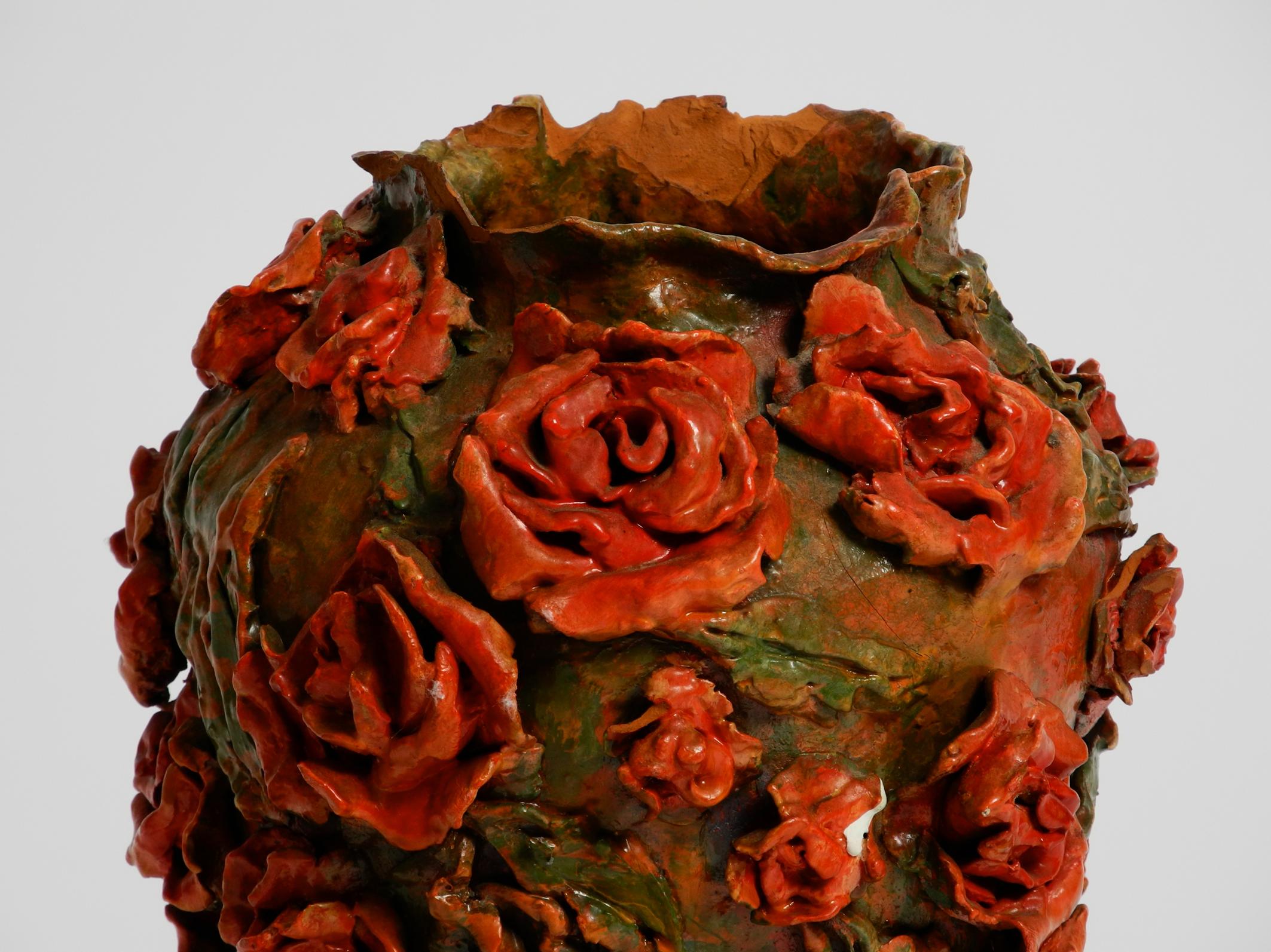 Early 20th Century Handmade Clay Vase in Green-Brown with Red Roses by Rosie Fridrin Rieger 1918 For Sale