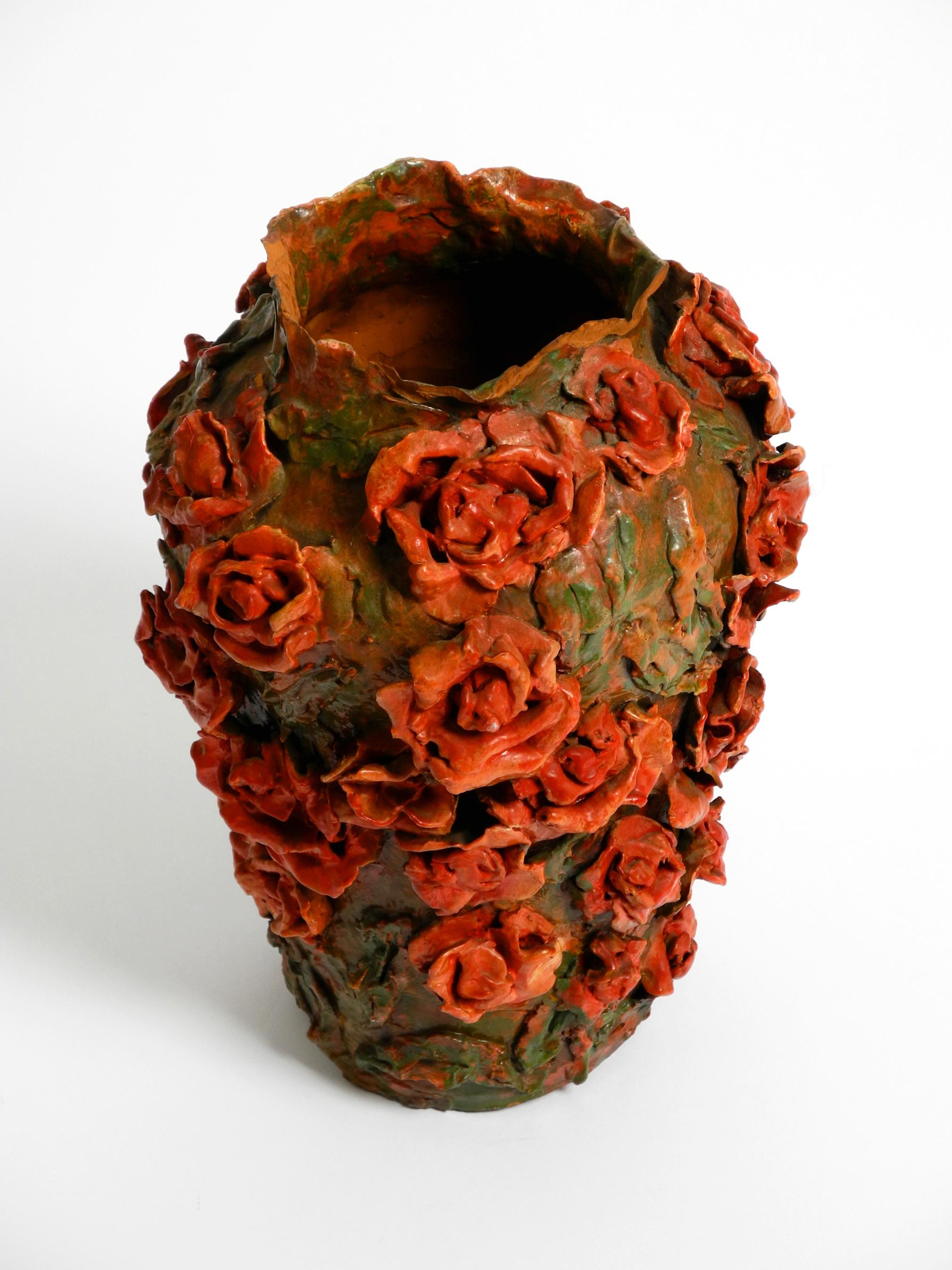Handmade Clay Vase in Green-Brown with Red Roses by Rosie Fridrin Rieger 1918 For Sale 1