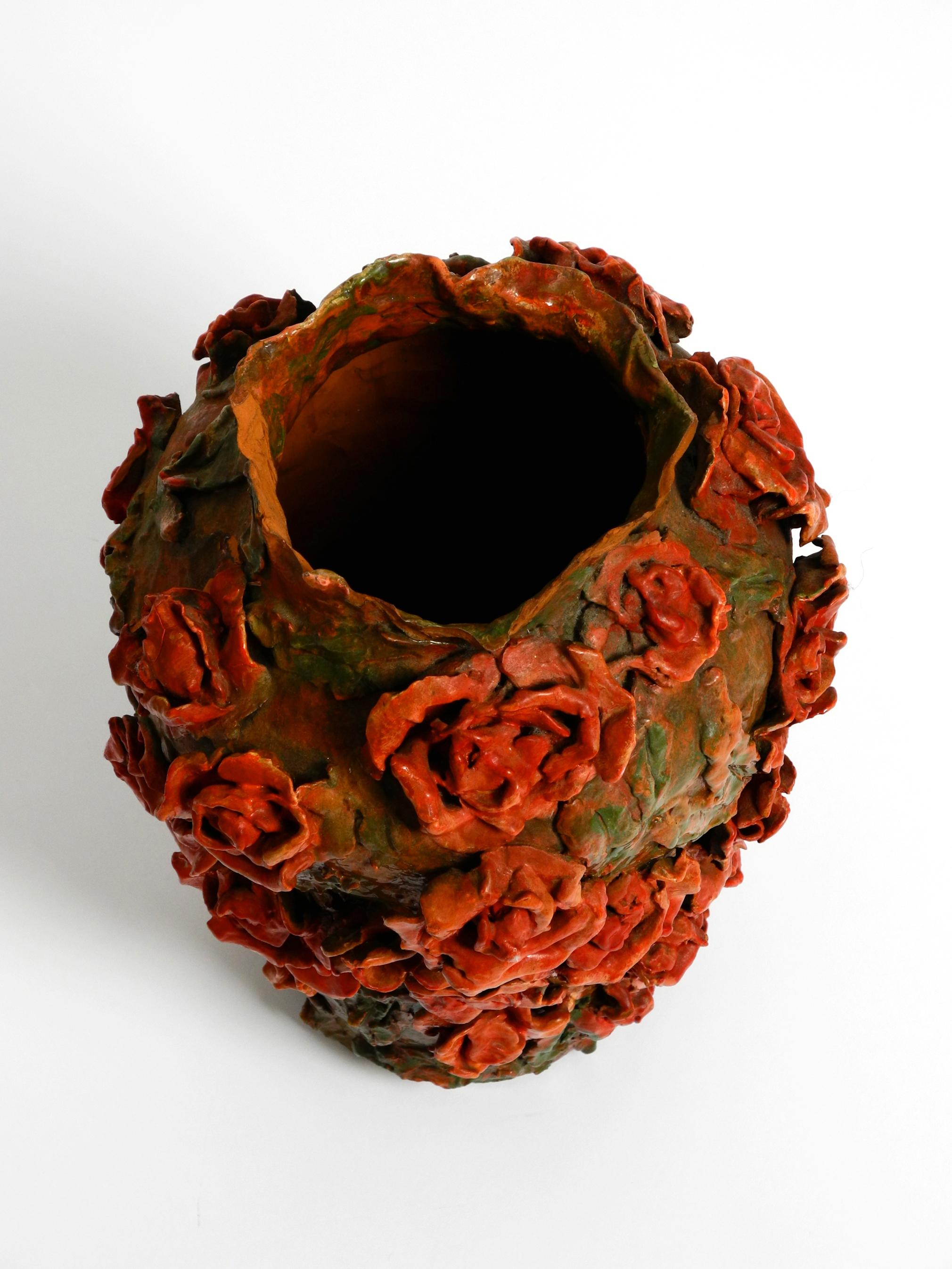 Handmade Clay Vase in Green-Brown with Red Roses by Rosie Fridrin Rieger 1918 For Sale 2