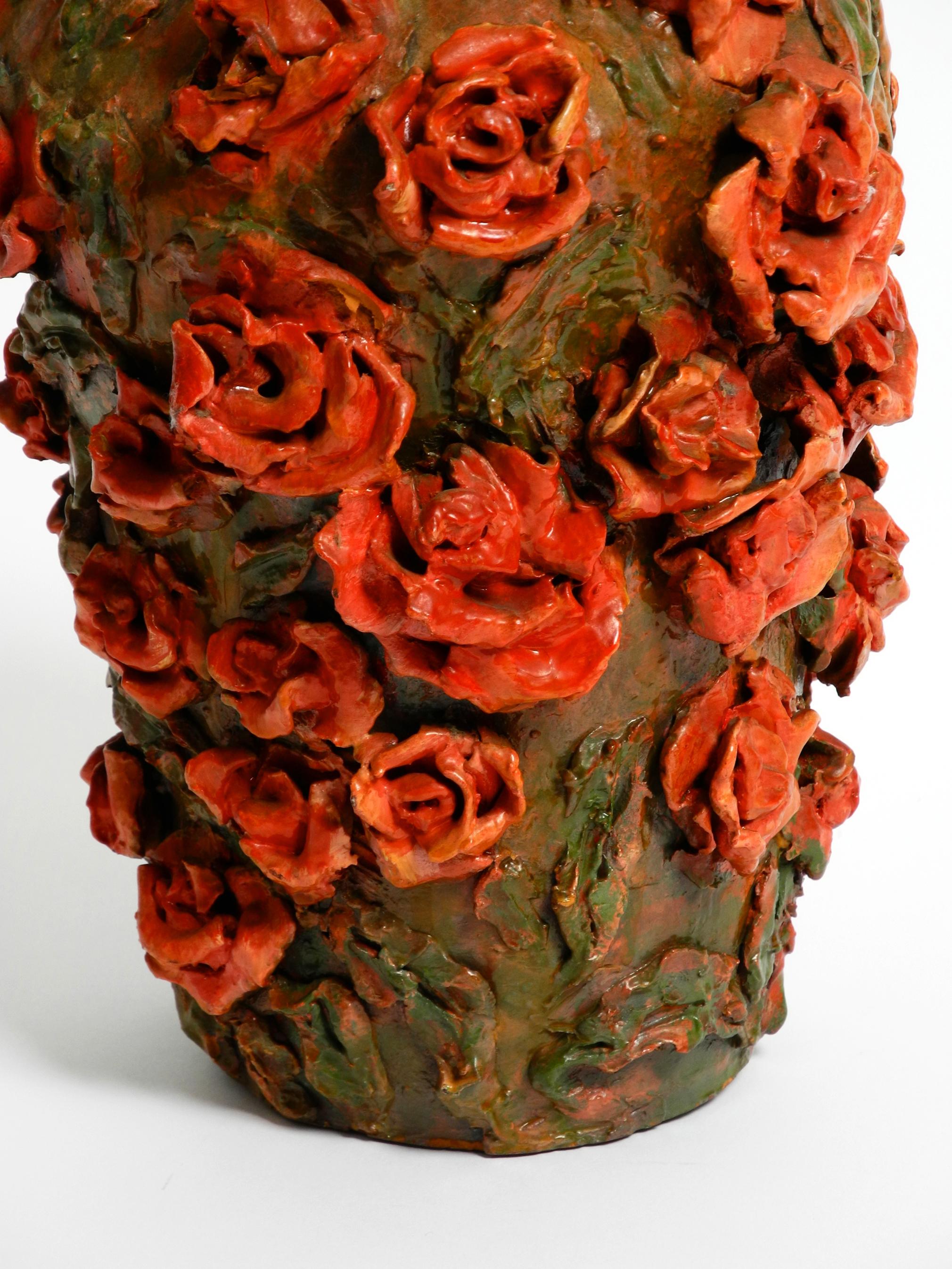 Handmade Clay Vase in Green-Brown with Red Roses by Rosie Fridrin Rieger 1918 For Sale 3