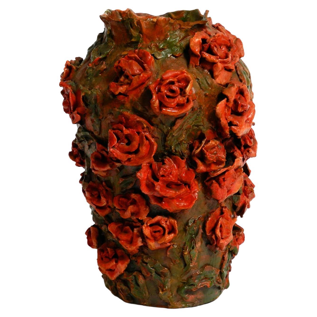 Handmade Clay Vase in Green-Brown with Red Roses by Rosie Fridrin Rieger 1918 For Sale