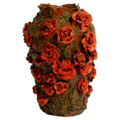 Antique Handmade Clay Vase in Green-Brown with Red Roses by Rosie Fridrin Rieger 1918