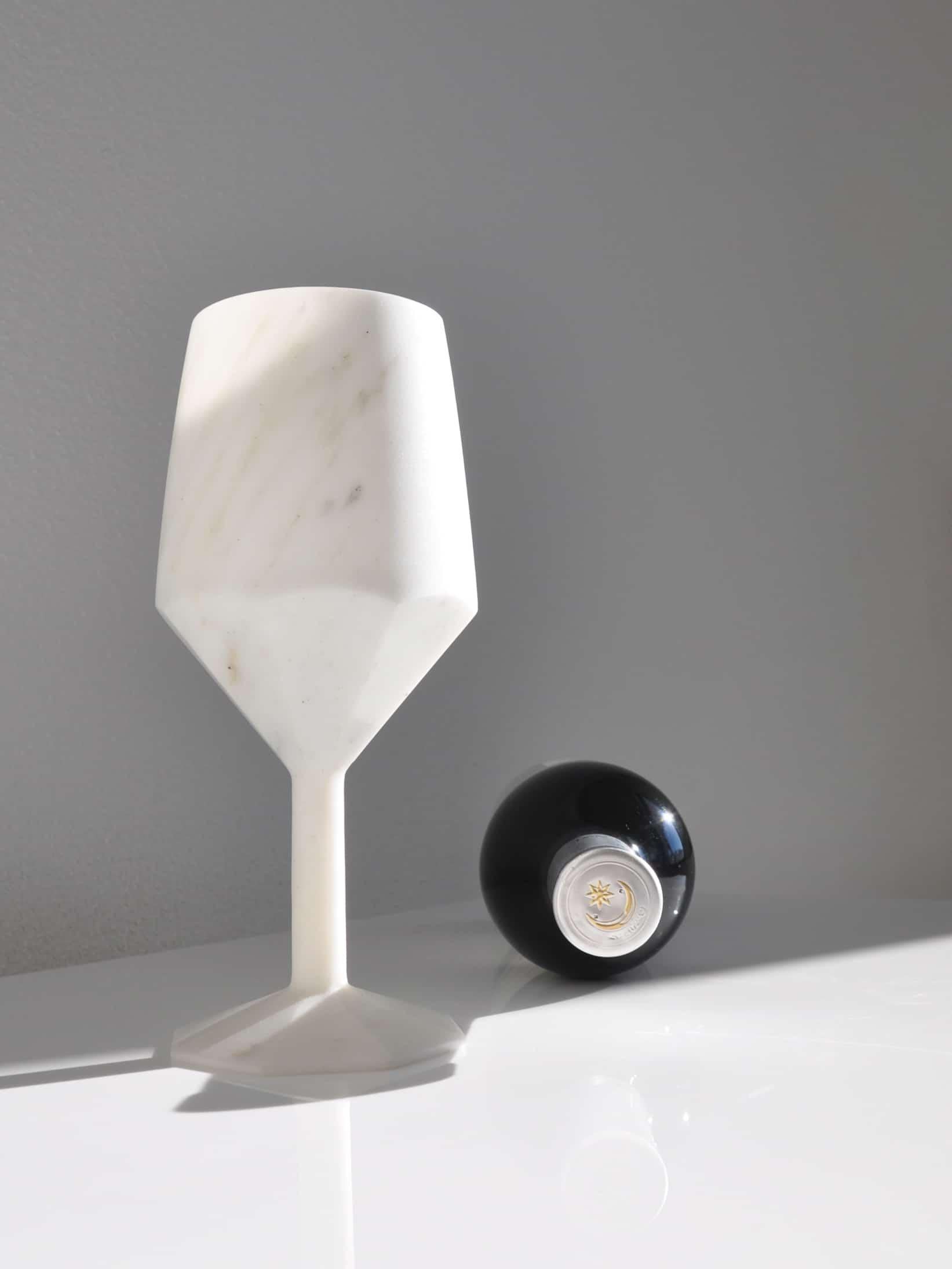 Hand-Crafted Handmade Cocktail Glass in Satin White Carrara Marble For Sale