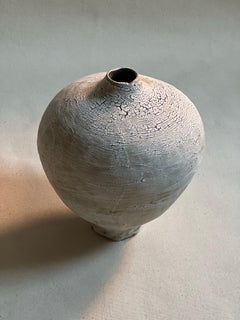 Handmade Coil built Black Clay Vase w White Crawling Glaze