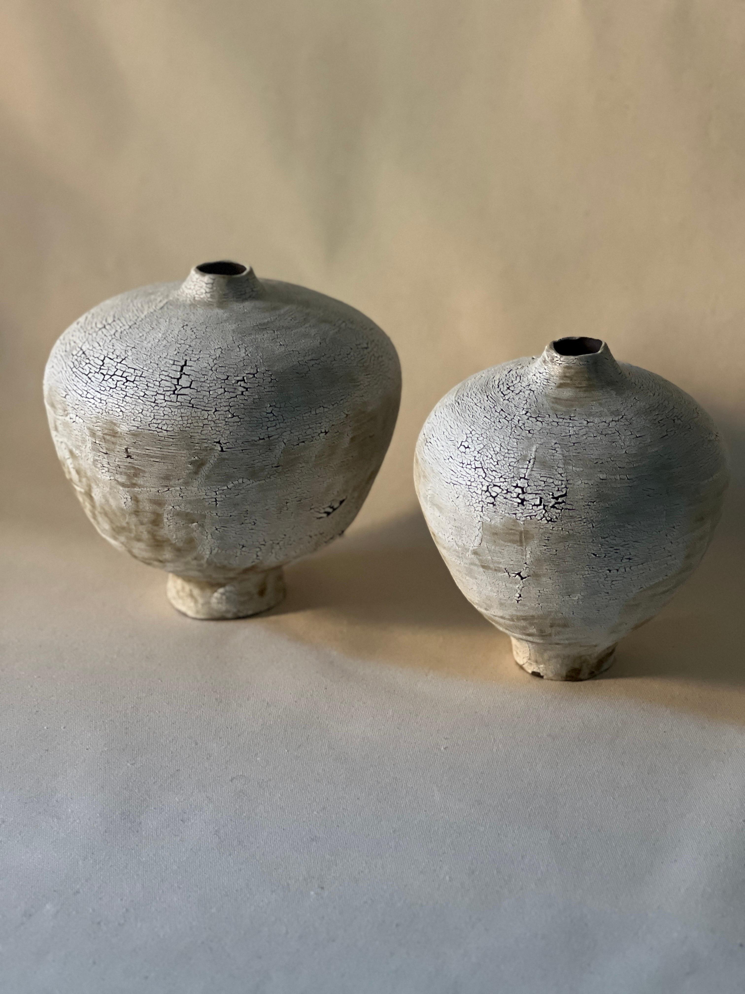 Organic Modern Handmade Coil built Black Clay Vase w White Crawling Texture For Sale